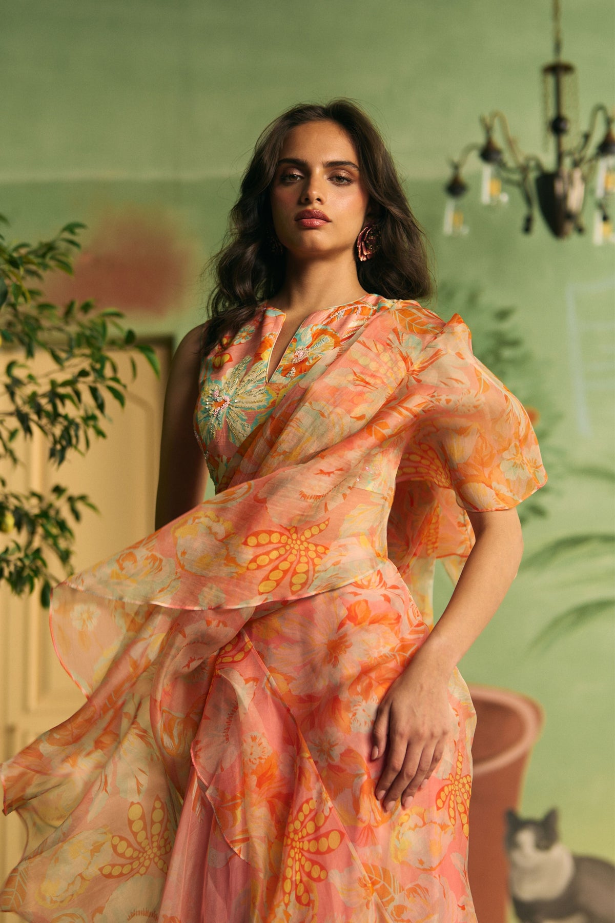 Peach Ruffle Draped Saree Set