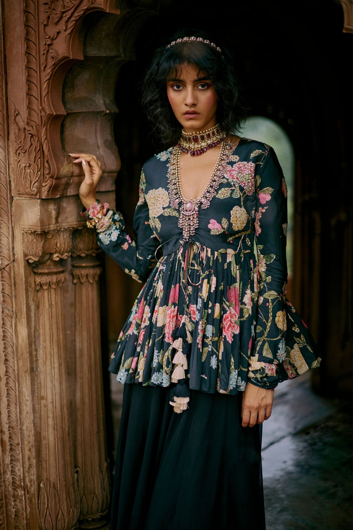 Black Floral Printed Peplum Set