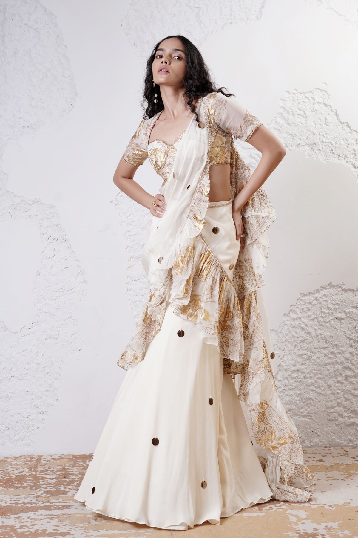 Ivory Ruffled Draped Saree Set