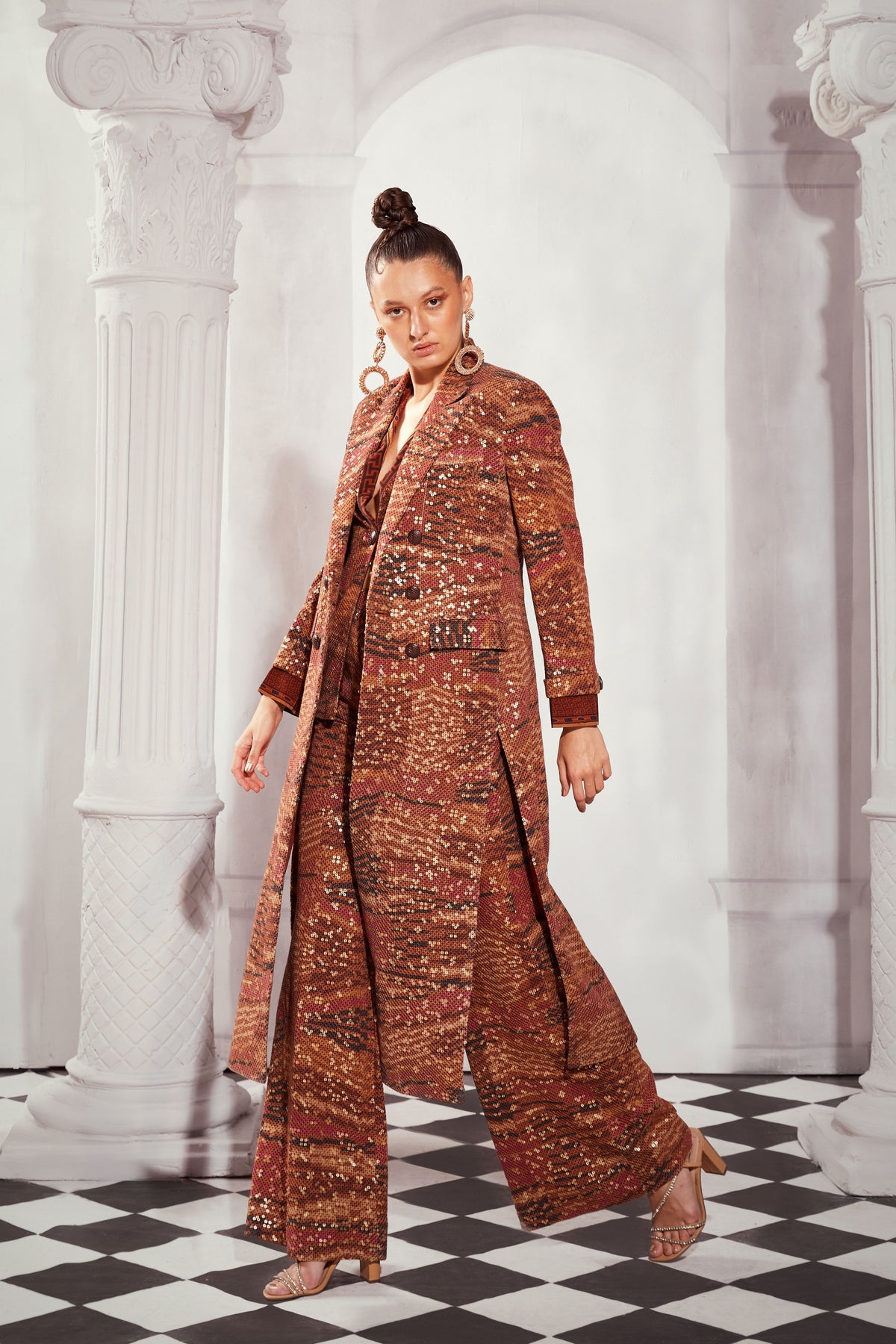 Tangerine Byzantine Print Trench Coat