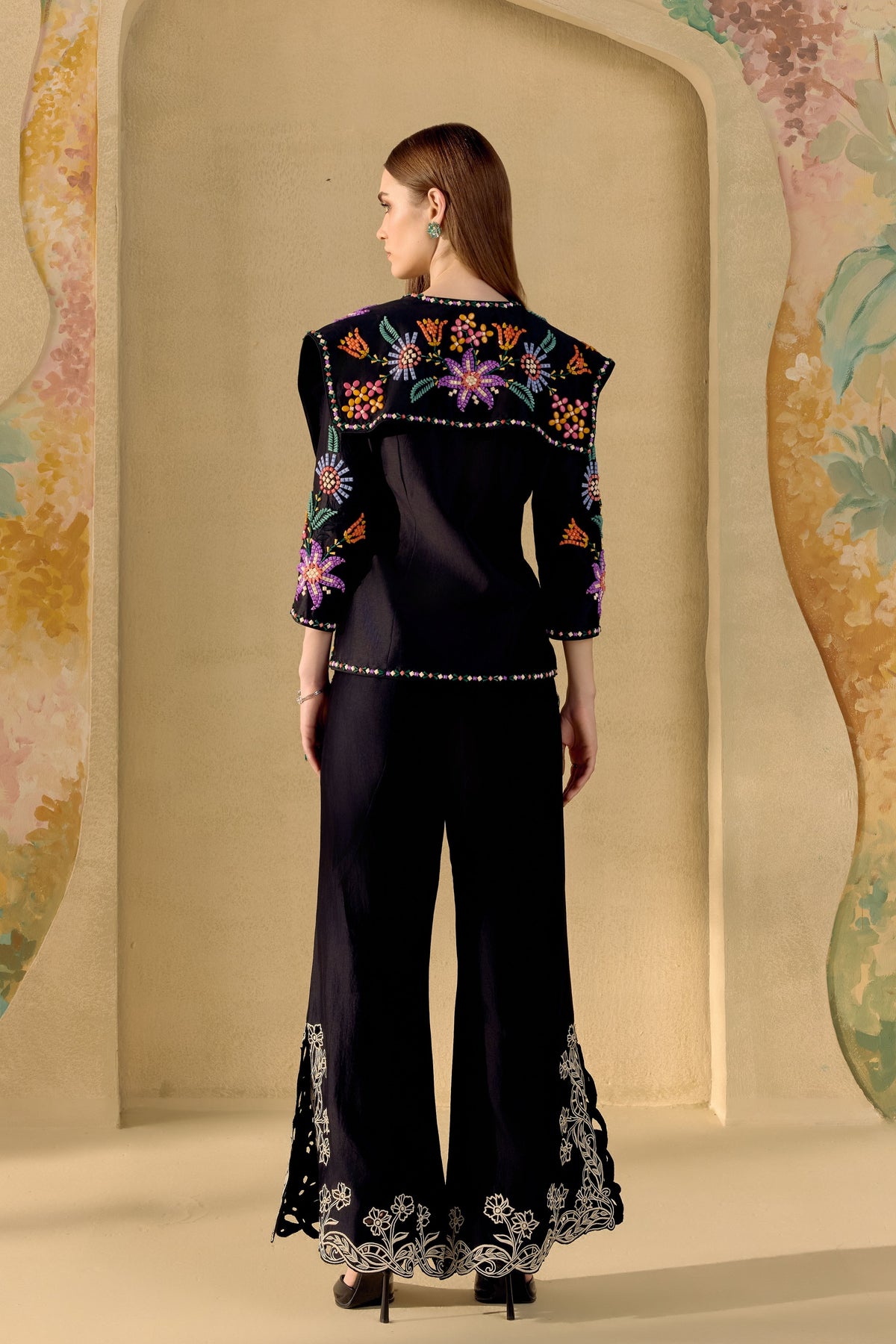 Black Contrast Cutwork Bell Bottom Pants