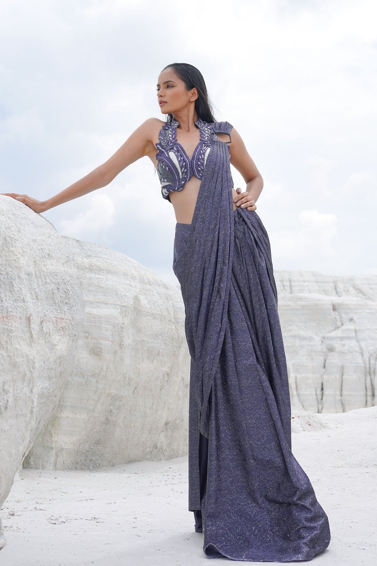 Blue Embroidered Draped Saree Set