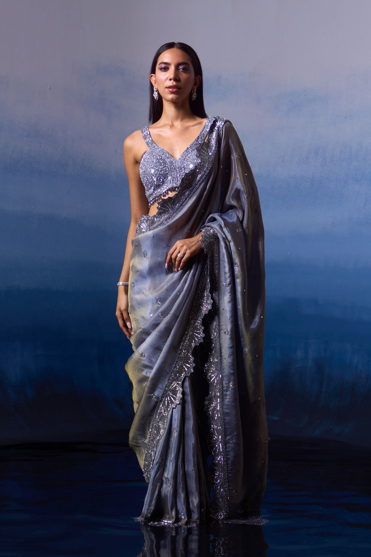 Metallic Grey Saree Set
