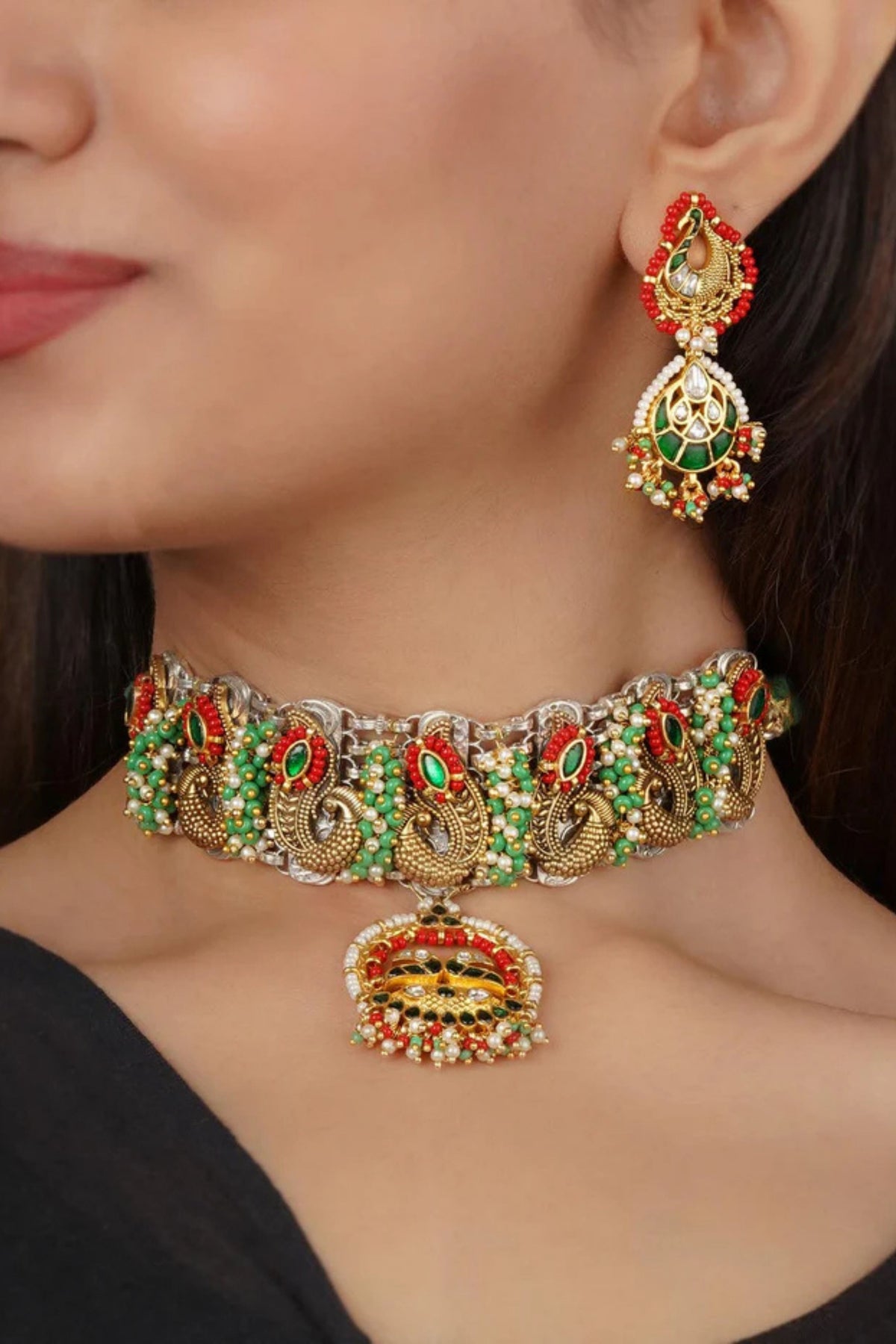 Green Color Tribal Necklace Set