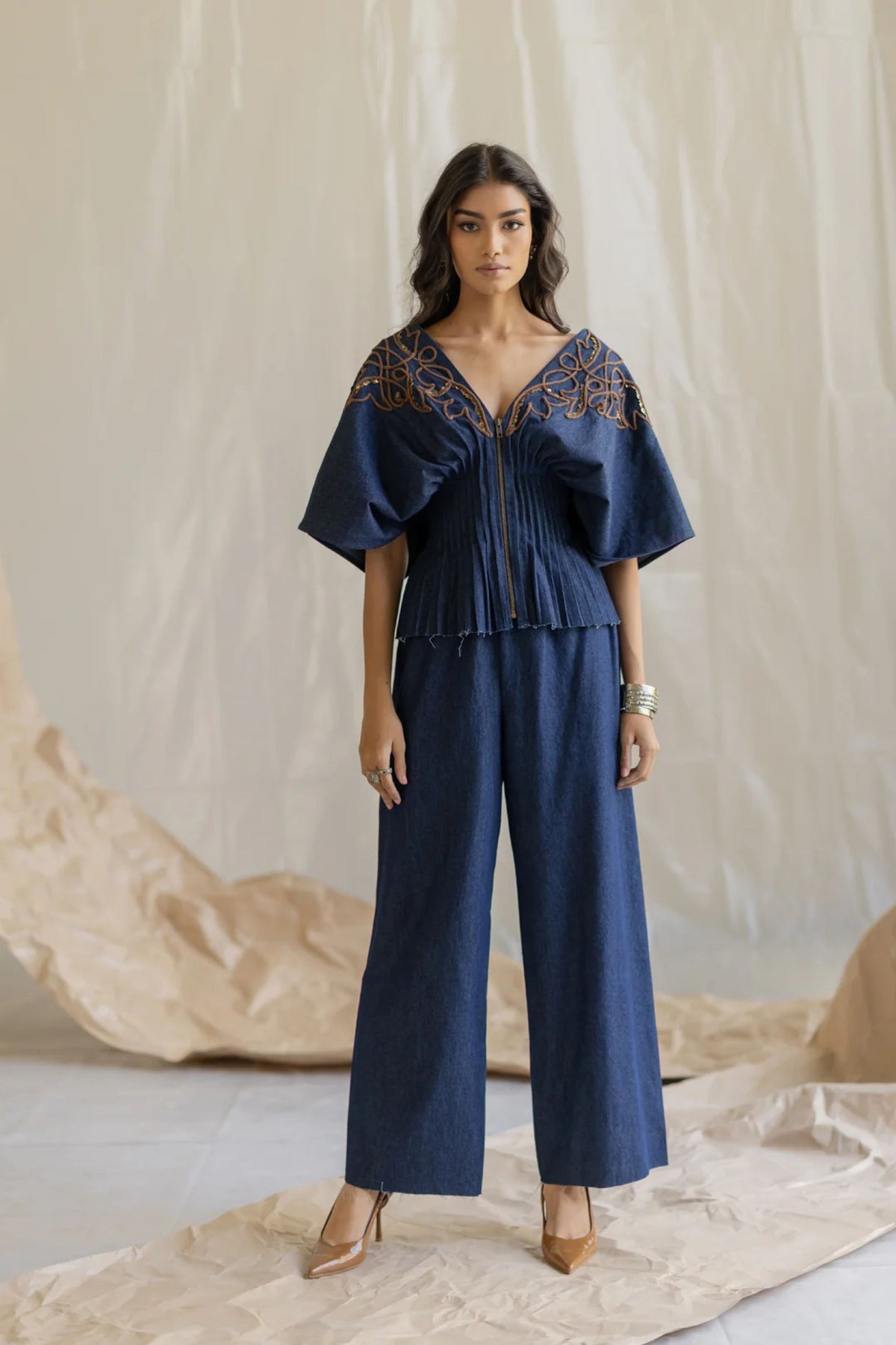 Dark Blue Wasit Pleated Top
