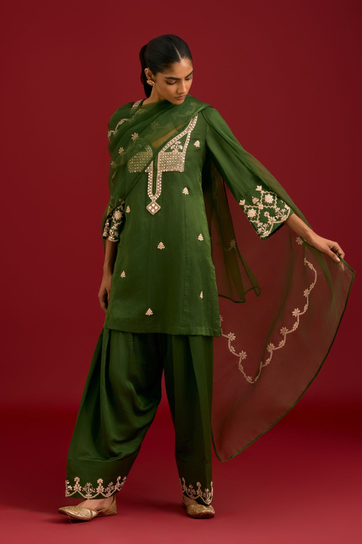 Green Embroidered Kurta Set