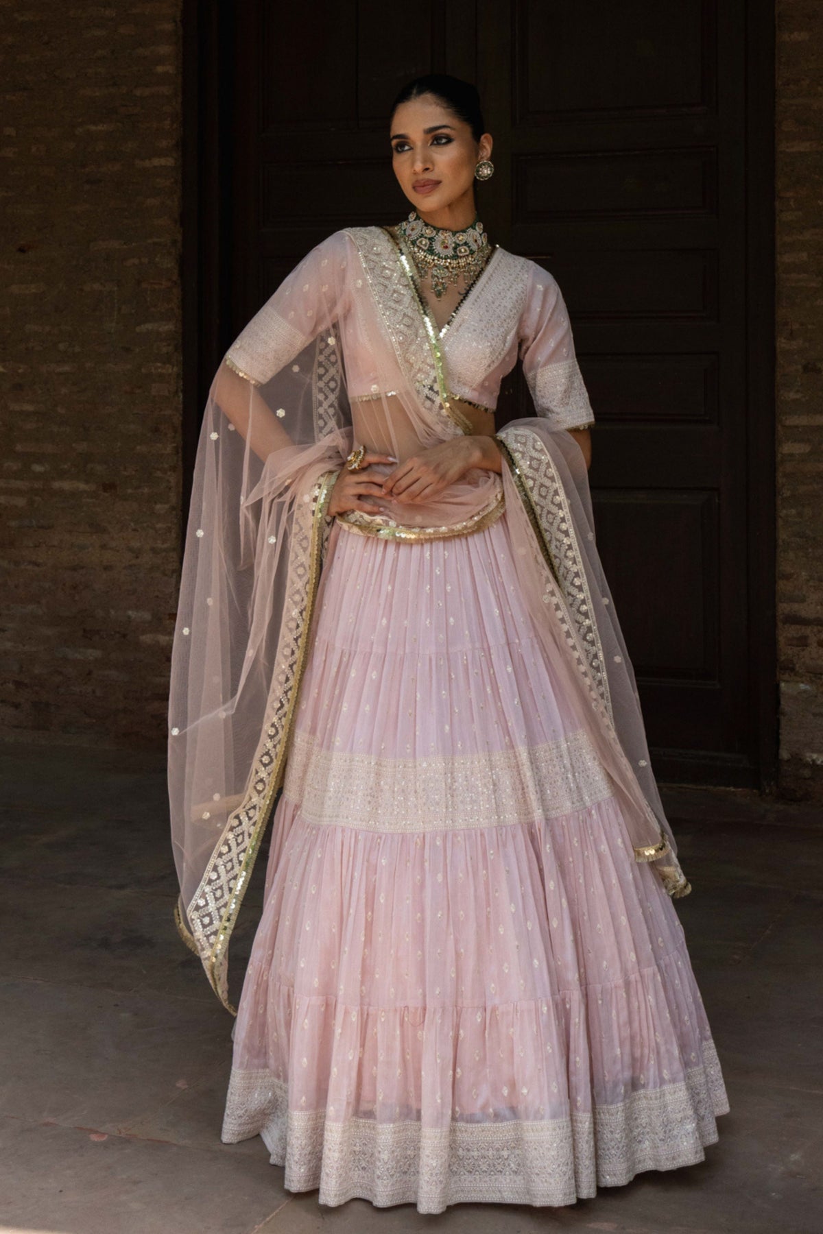 Onion Pink Big Border Lehenga Set