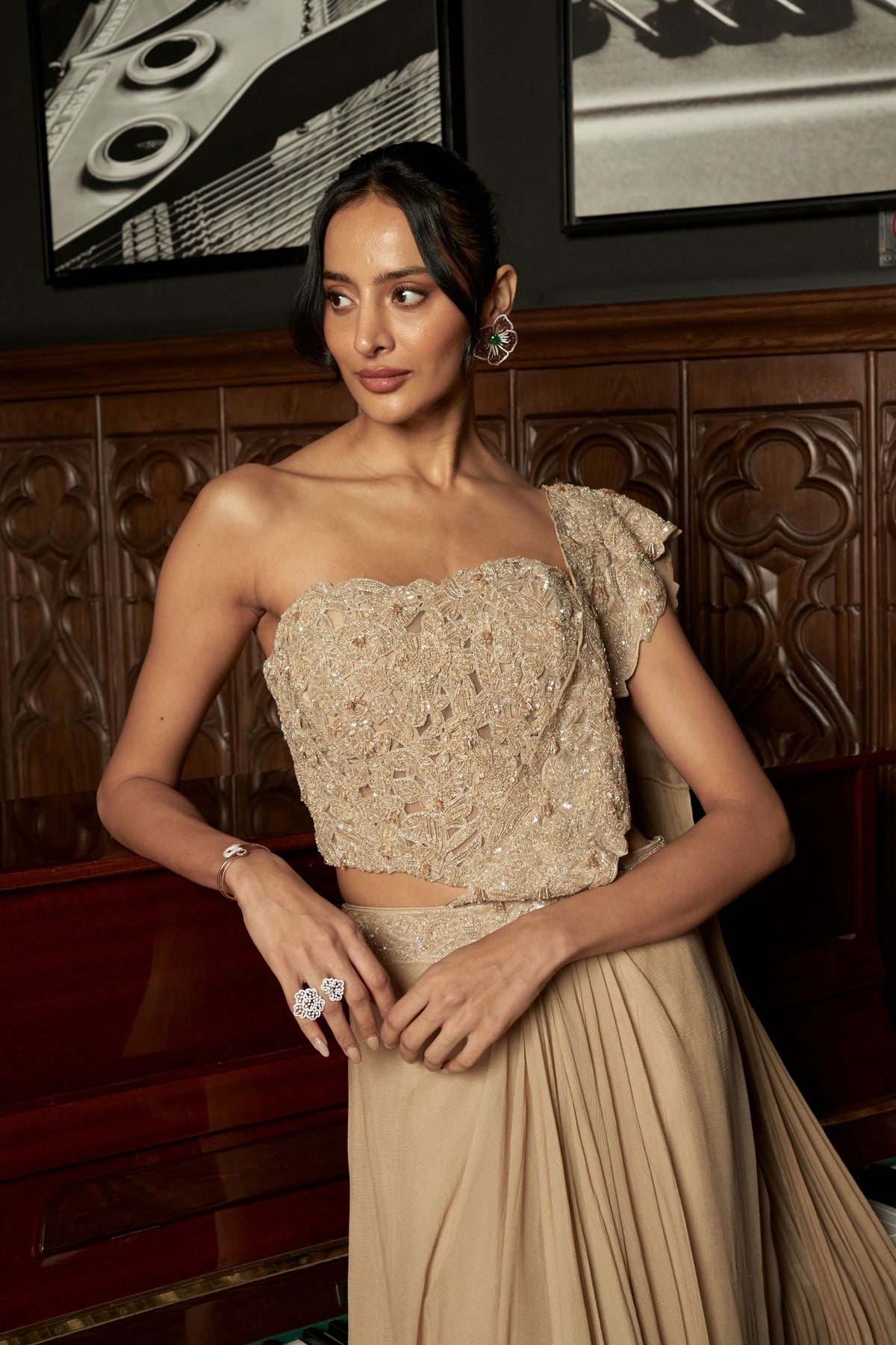 Beige Corset Drape Saree Set