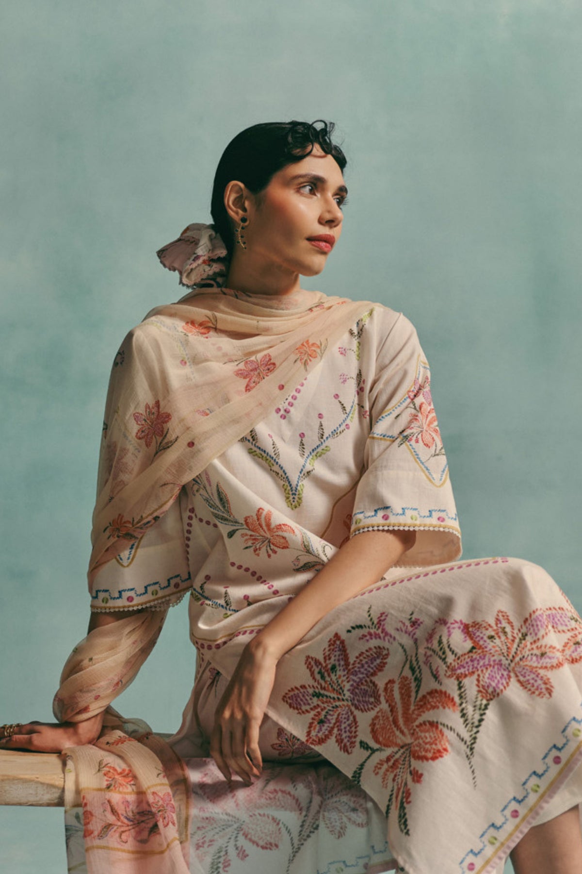 Ecru Hibiscus Kurta Set