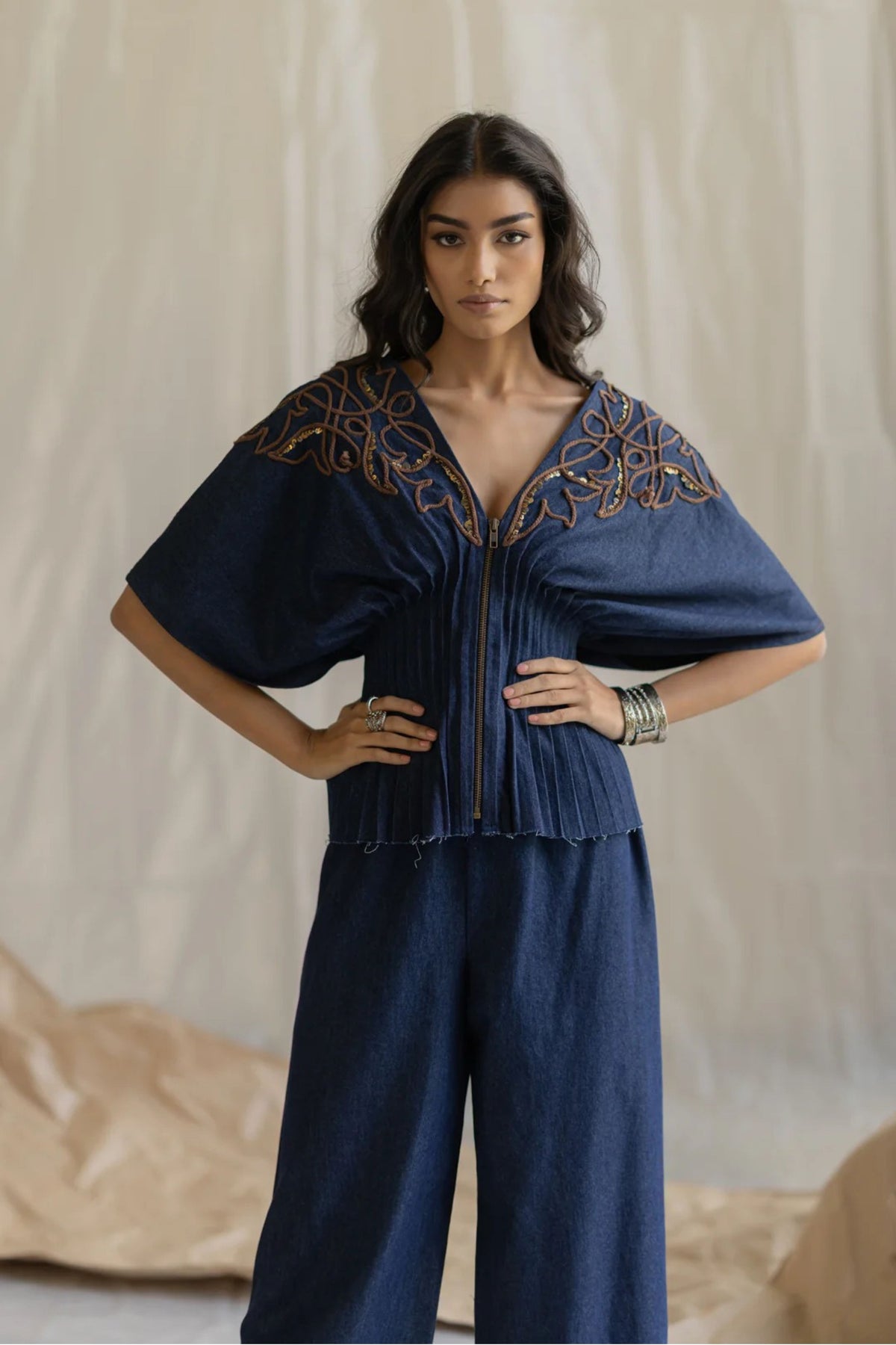 Dark Blue Wasit Pleated Top