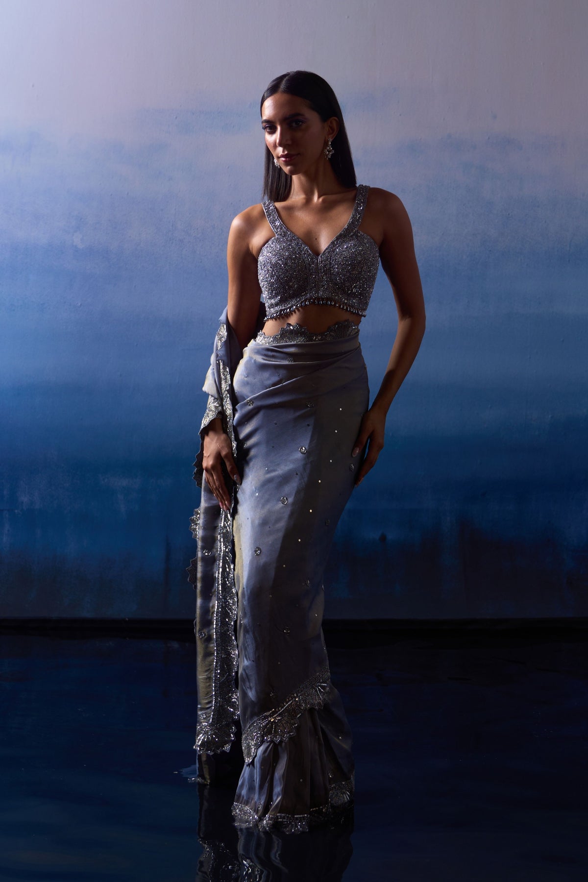 Metallic Grey Saree Set