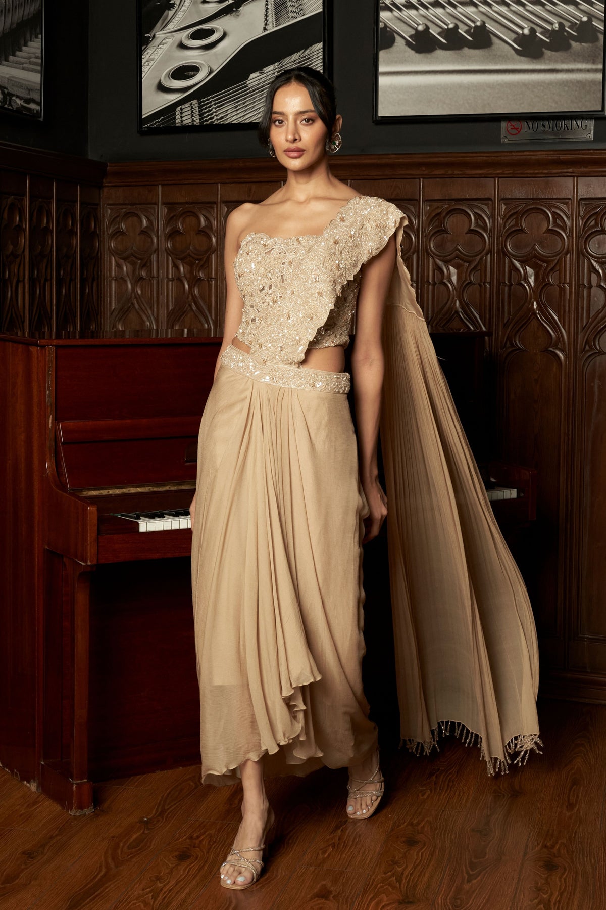 Beige Corset Drape Saree Set