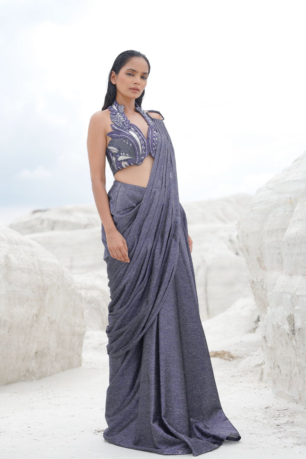 Blue Embroidered Draped Saree Set