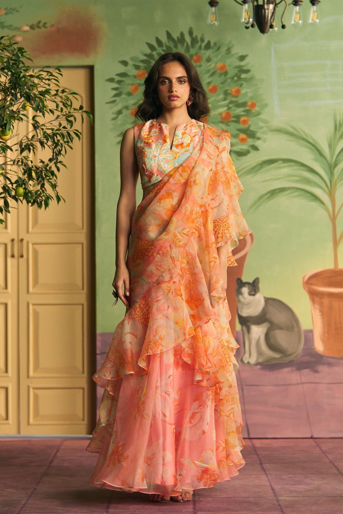 Peach Ruffle Draped Saree Set