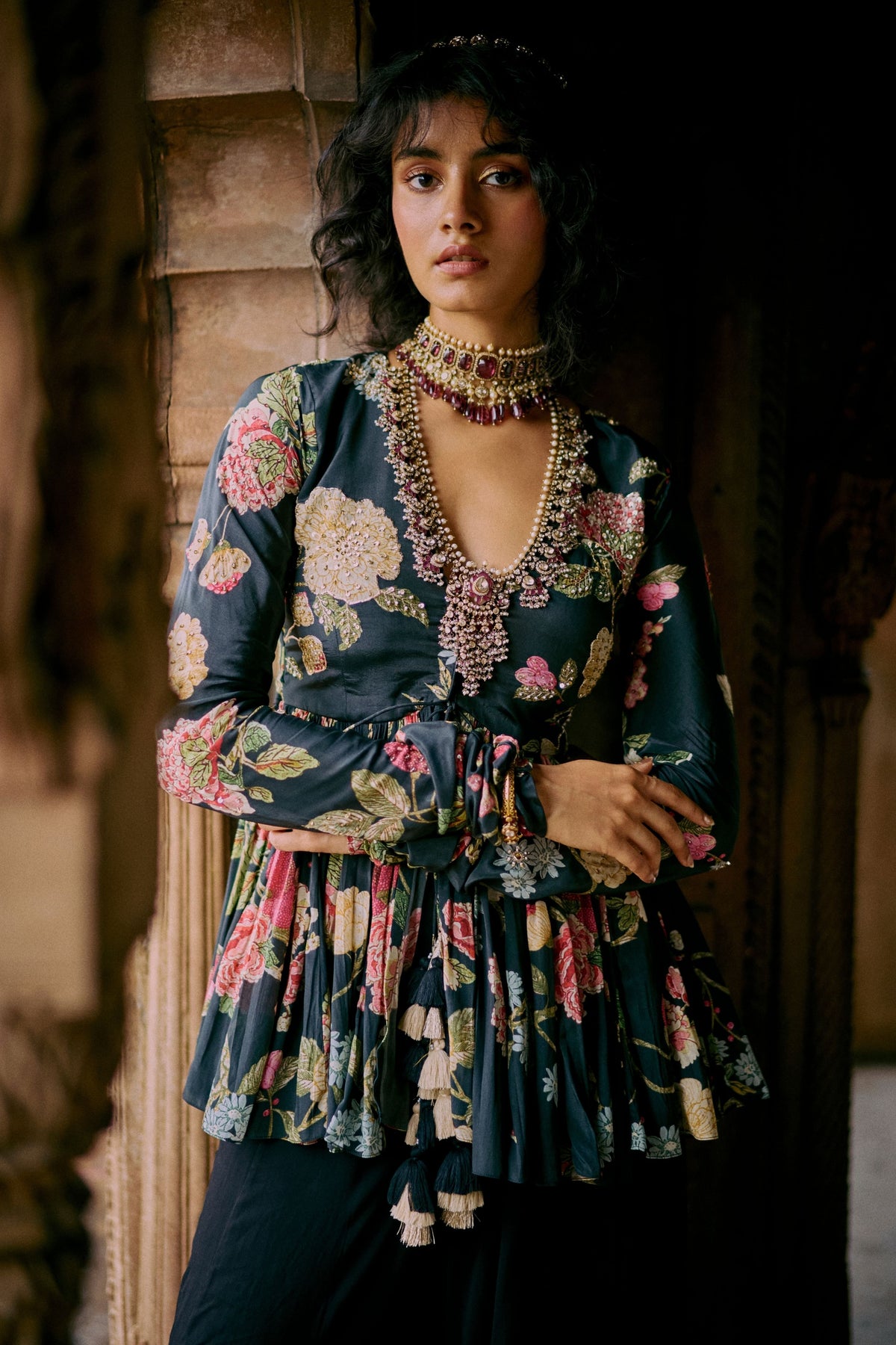 Black Floral Printed Peplum Set