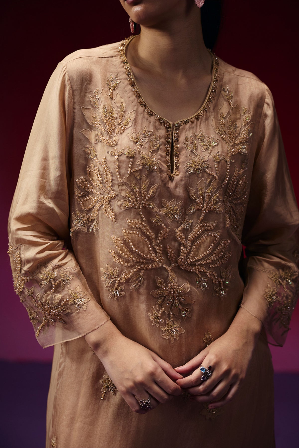 Gold Floral Appliqué Kurta Set