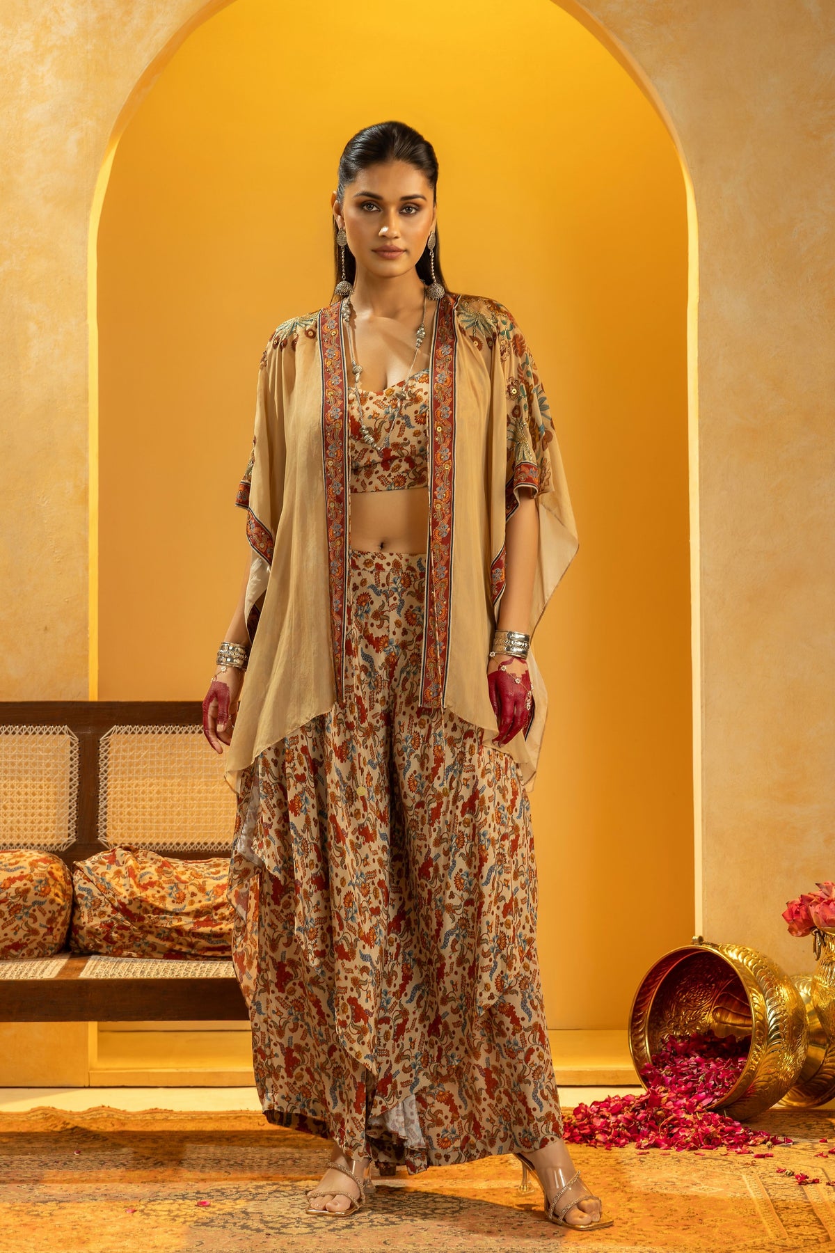 Beige Embellished Cape Set