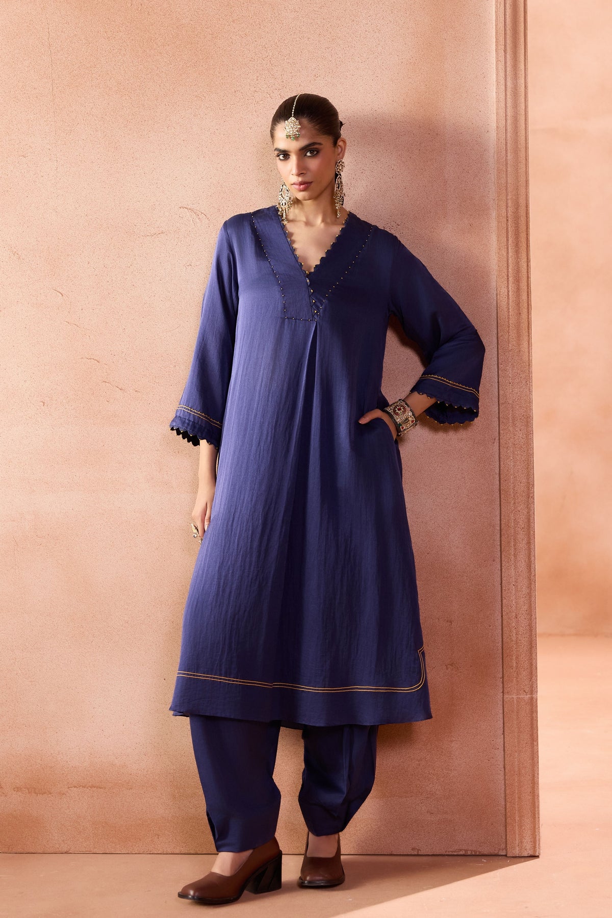 Navy Box Pleated Pants Kurta Set