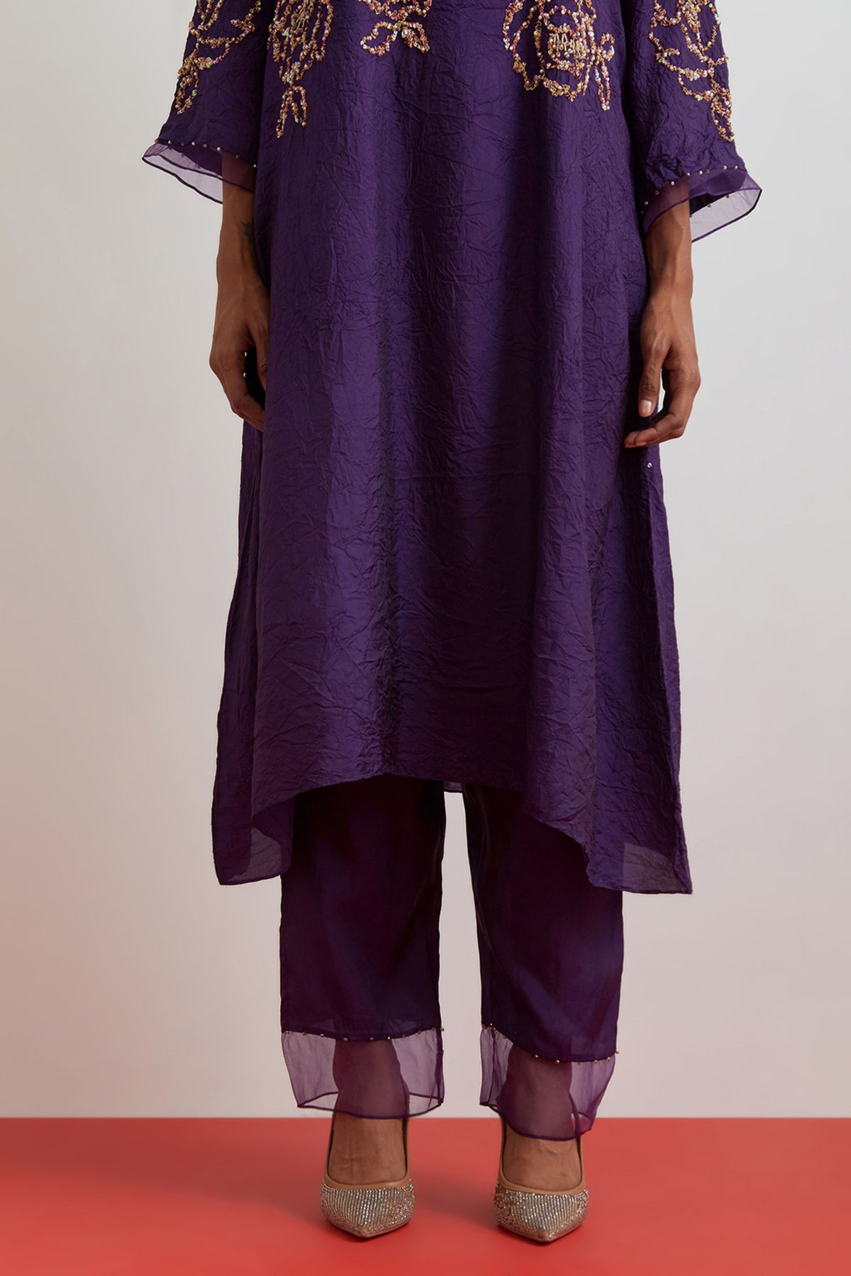 Violet Floral Encrusted Kurta Set