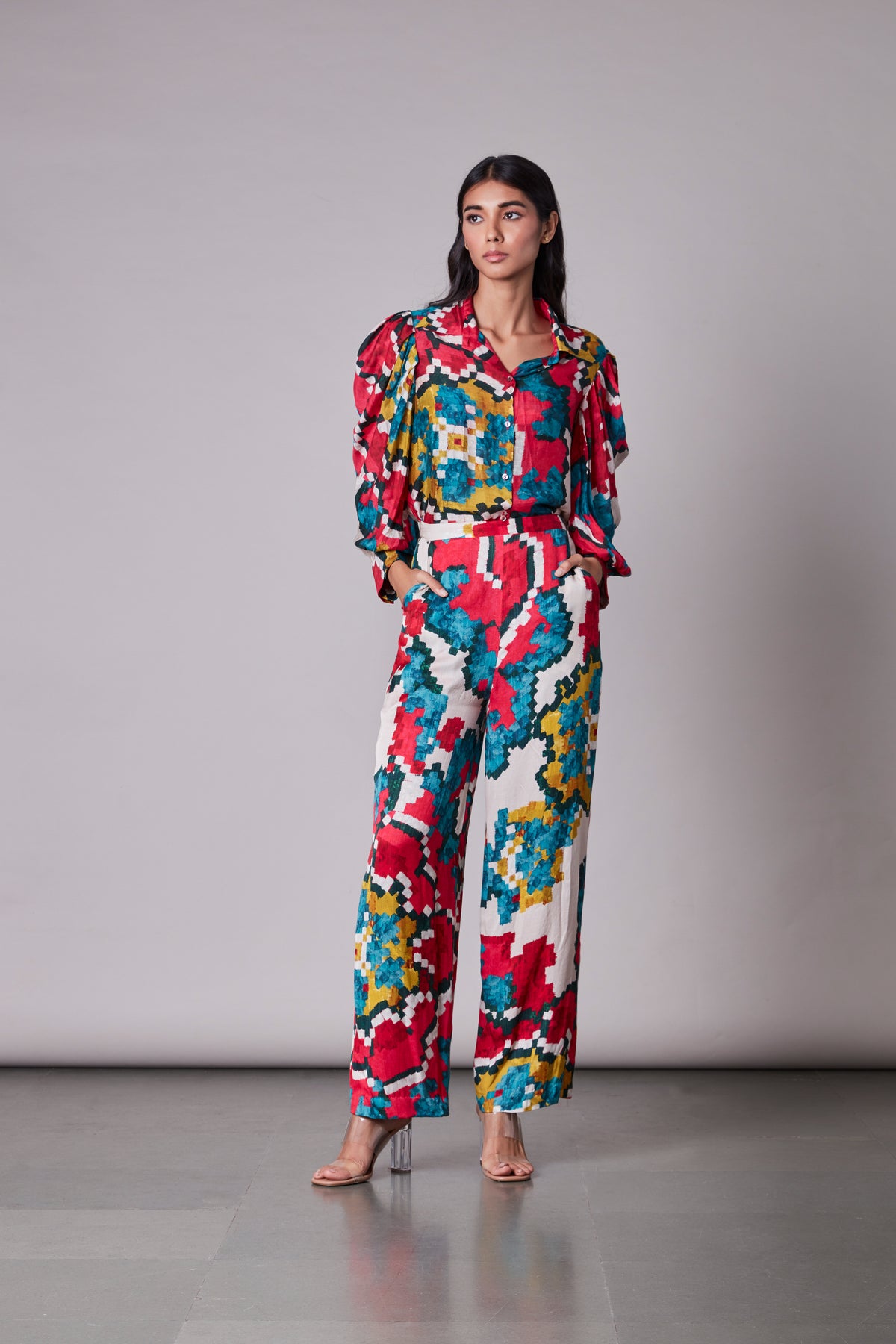 Ikat print collared shirt with trousers