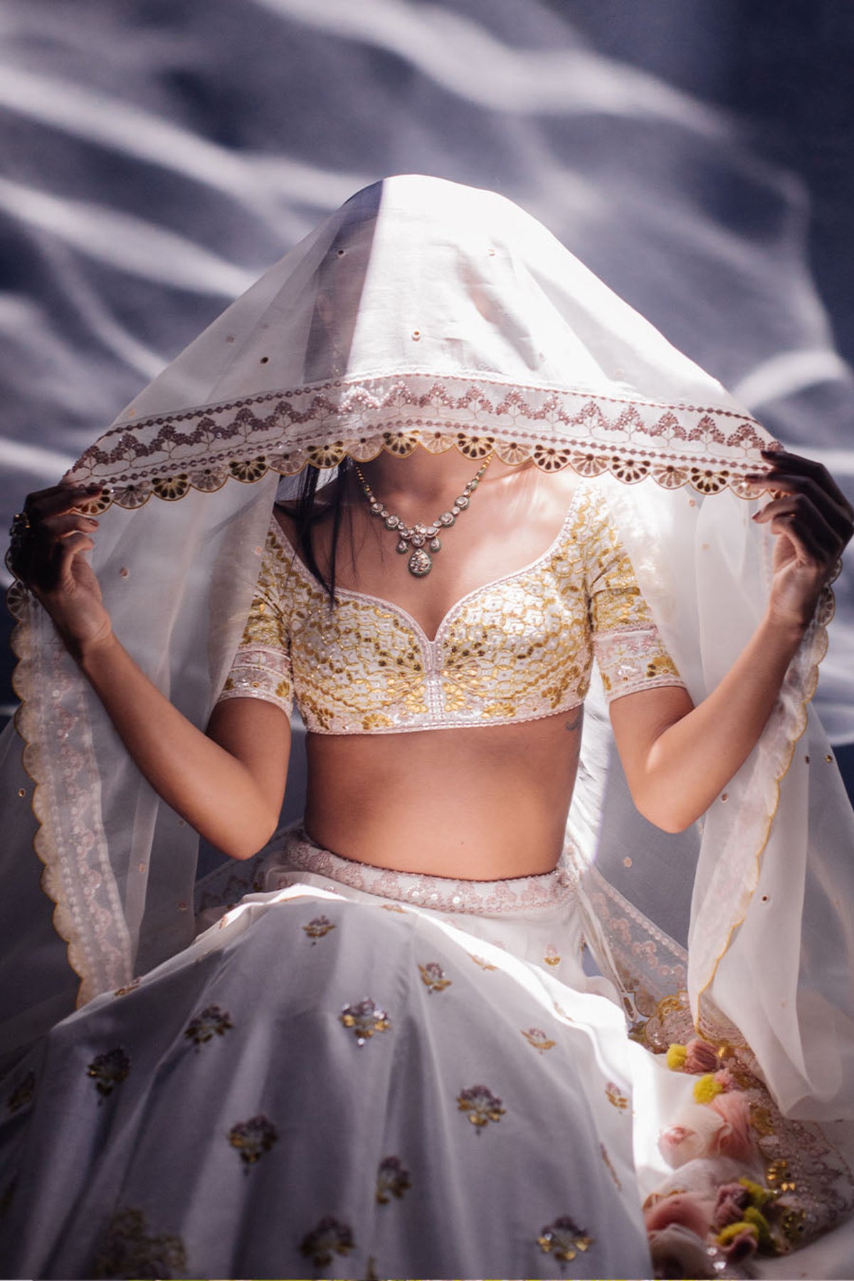 White Dupion Silk Lehenga Set