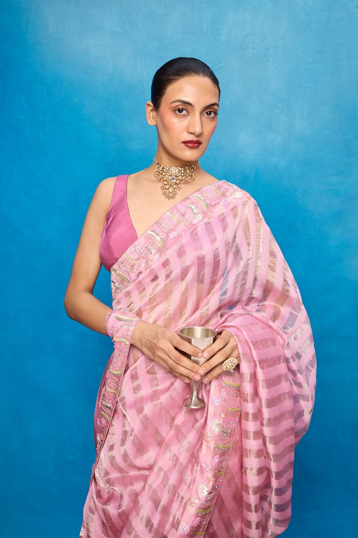Handwoven Pink Tissue Embroidered Saree