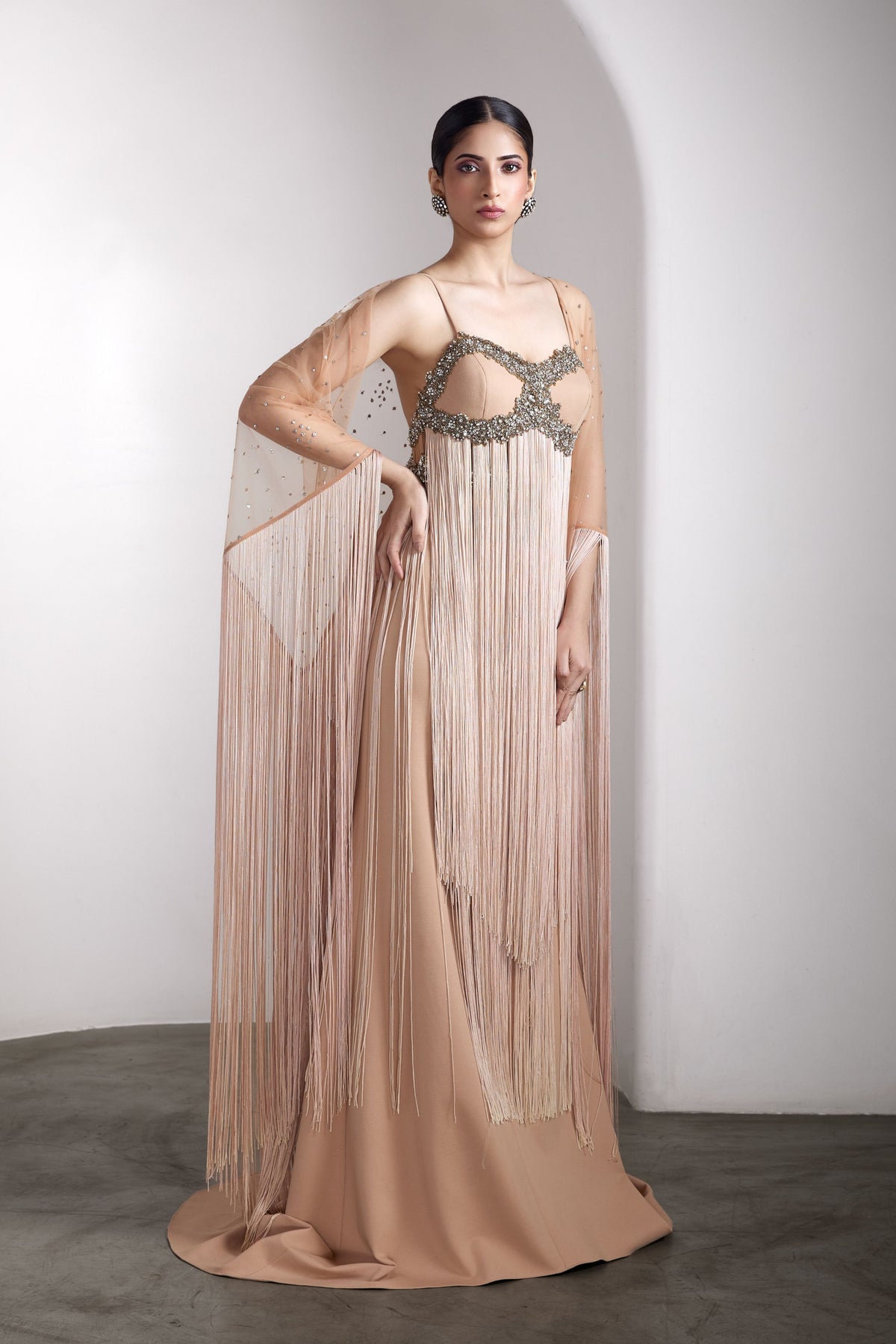 Nude Fringe Embellished Gown