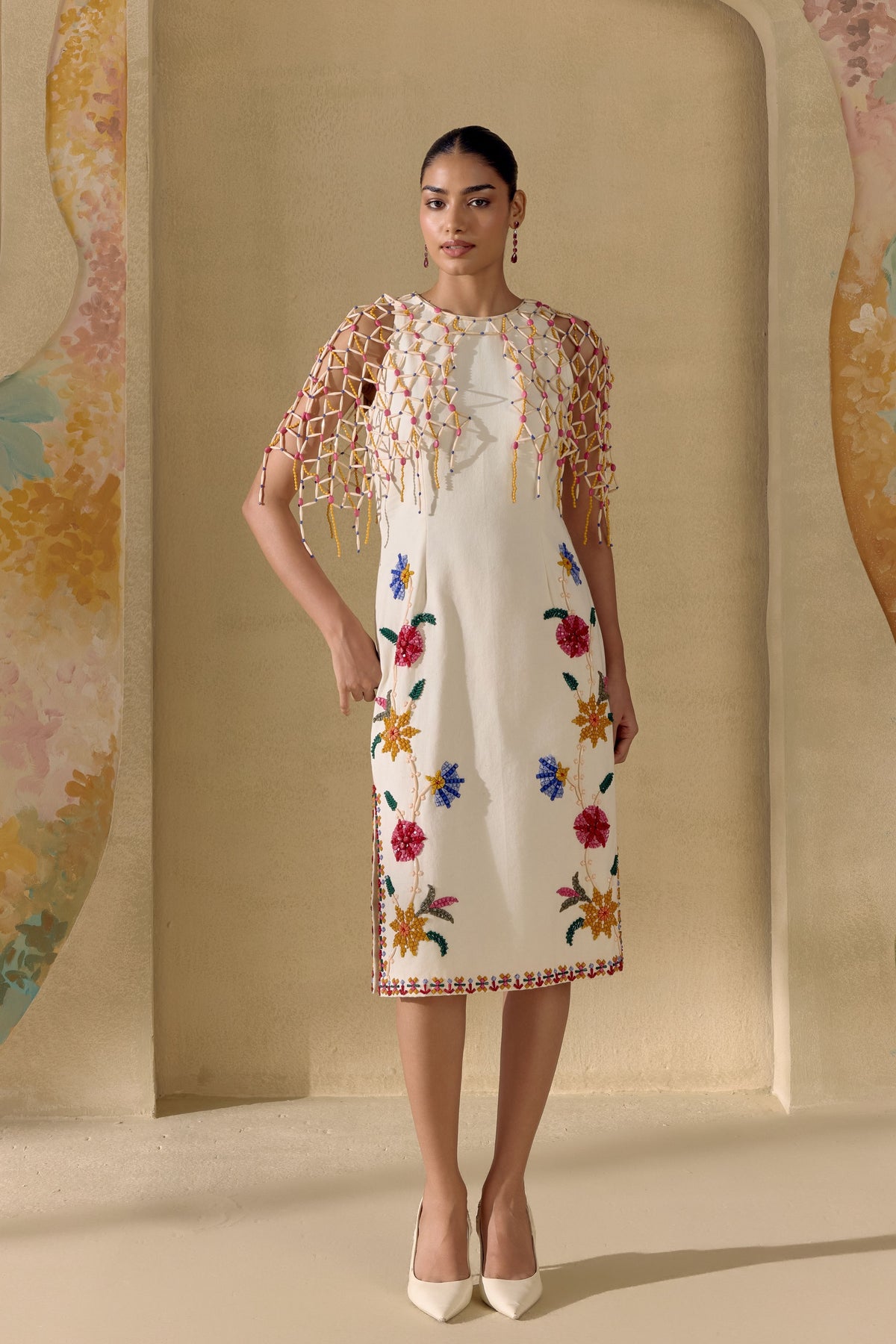 Ivory Mosaic Vine Cape Dress