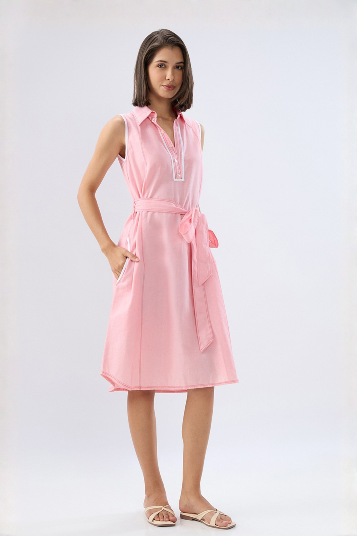 Pink A-line Tie-up Dress