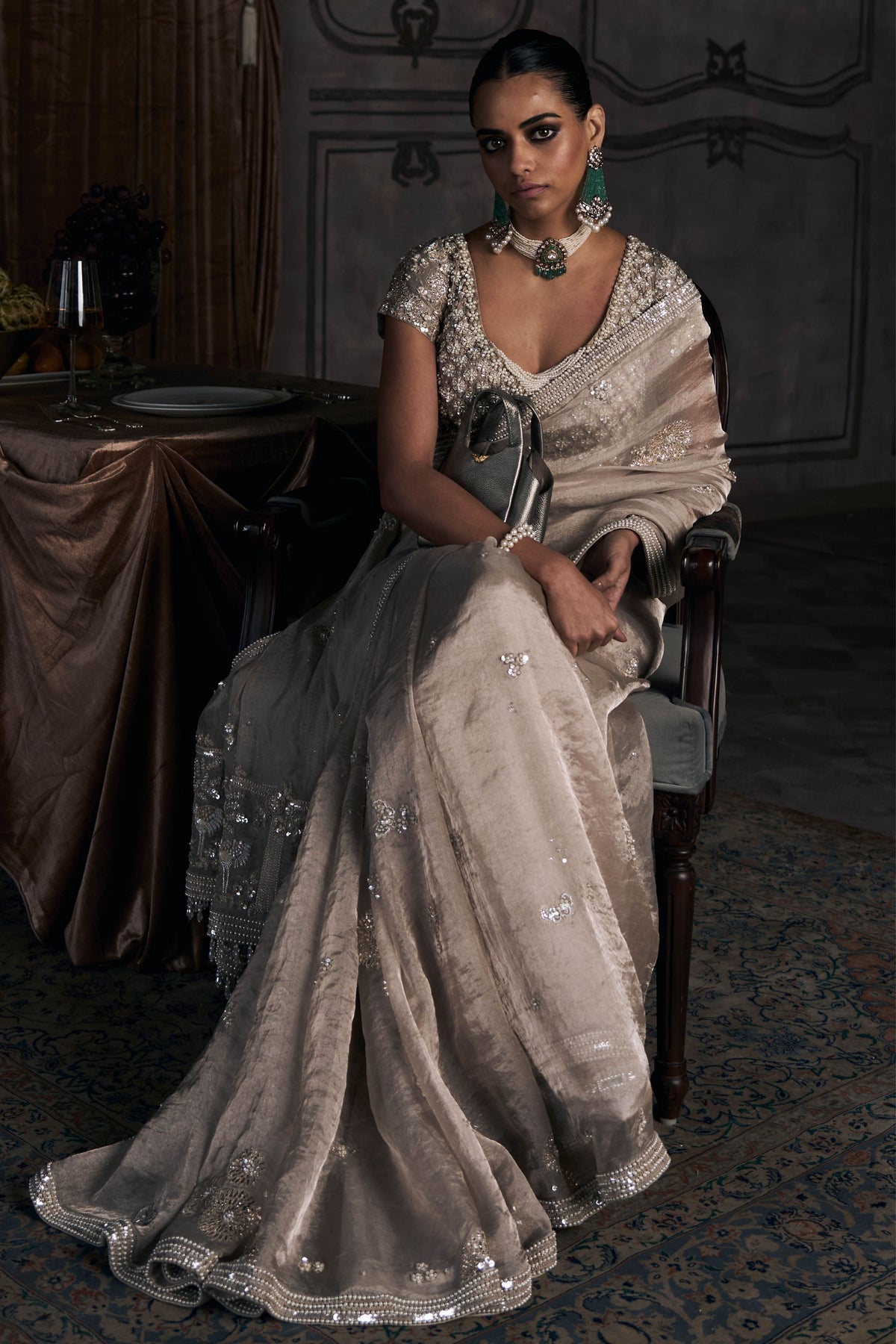 Silver Dandelion Tissue Saree Set