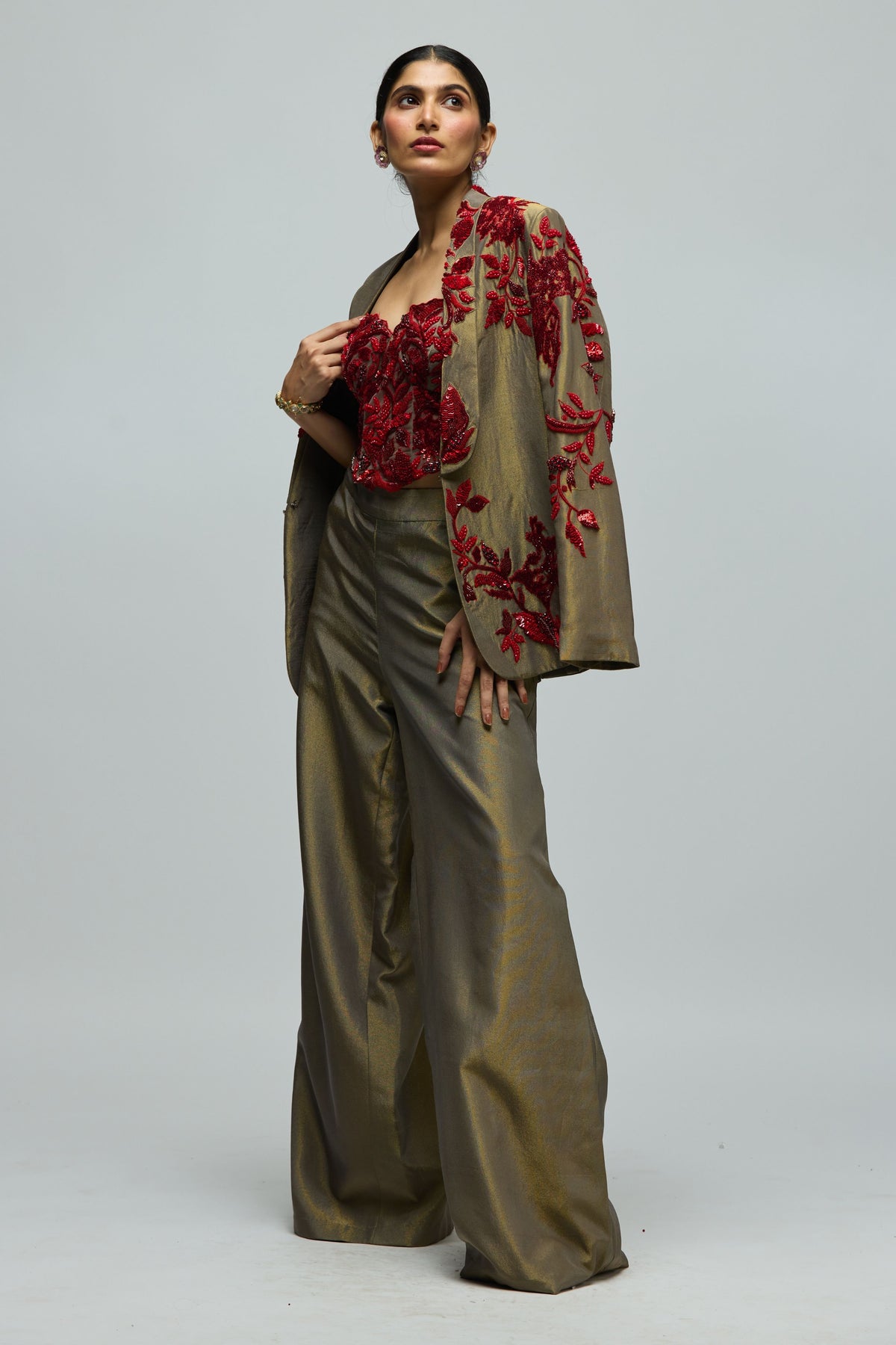 Red Stone Embellished Jacket Set
