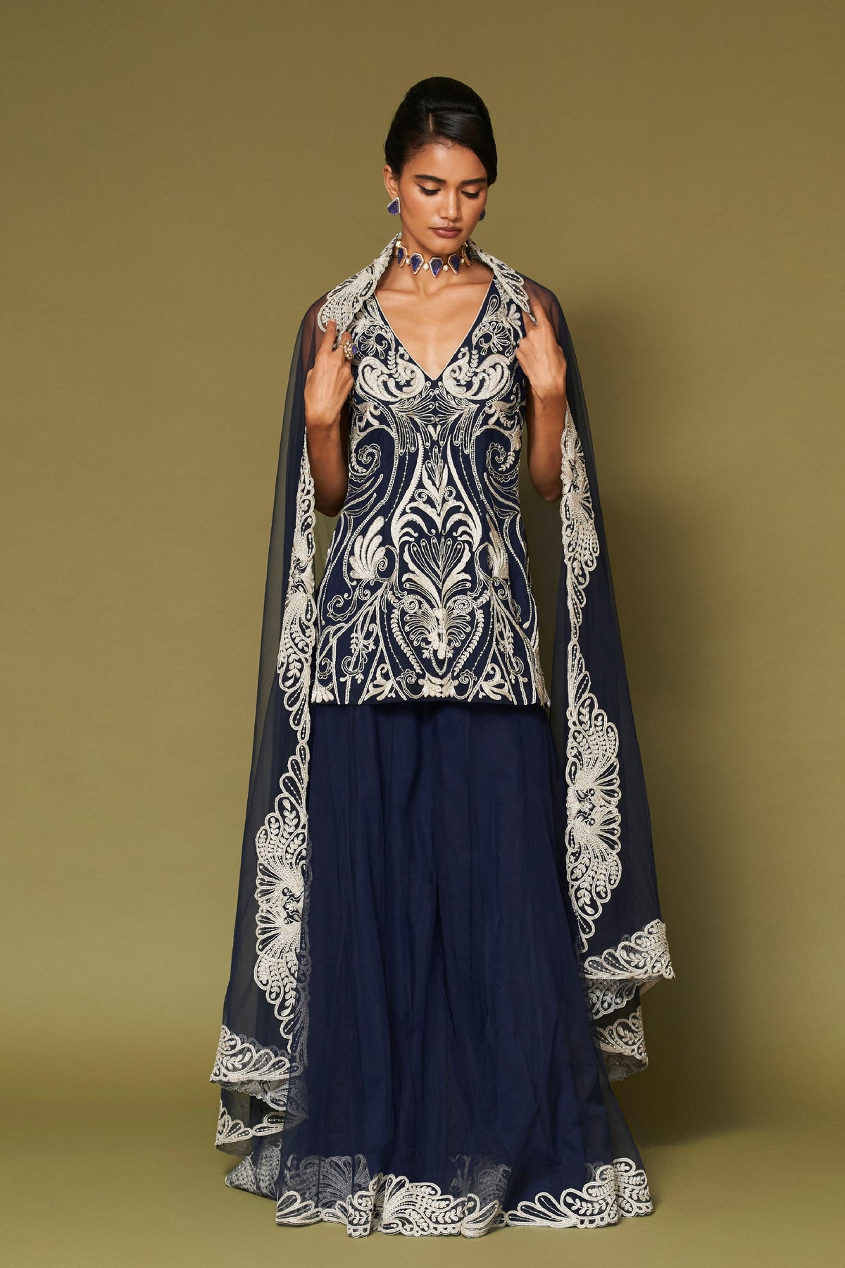 Midnight Navy Embroidered Sharara Set