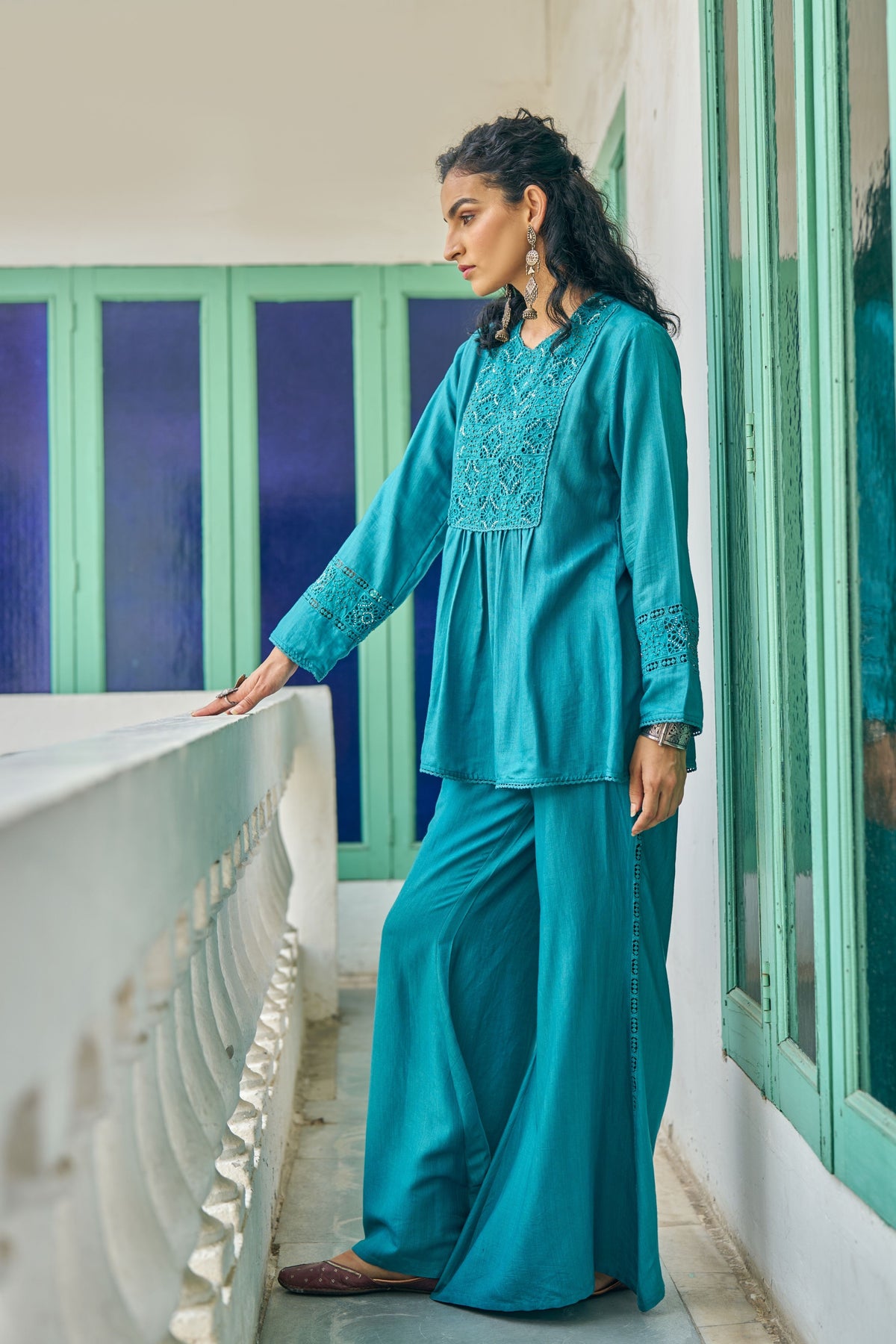 Teal Cutwork Tunic Set