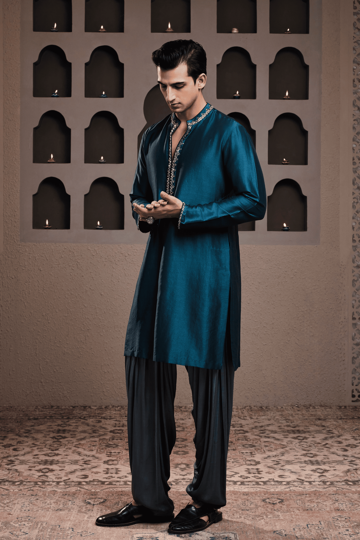 Teal Chanderi Kurta Patiyala Set