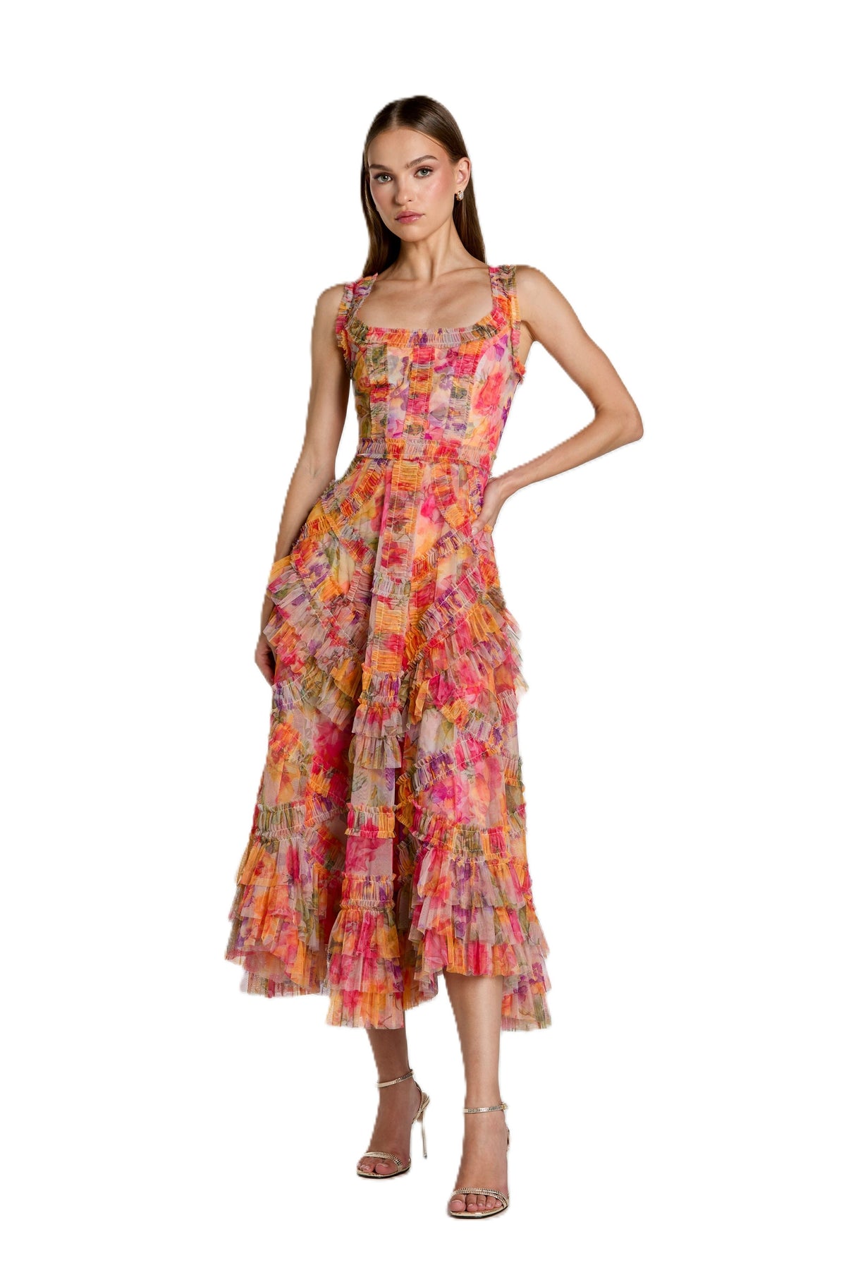 Floral A-line Ruffle Midi Dress