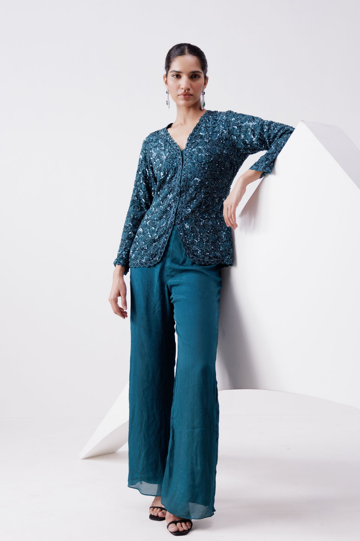 Teal Chinon Indo Western Jacket