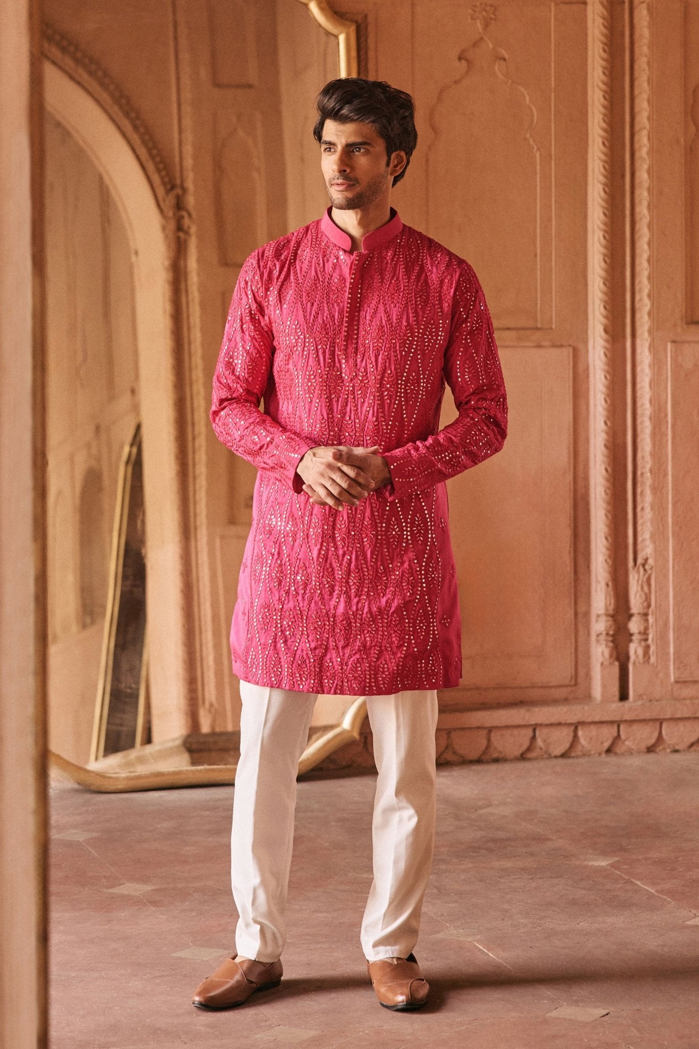 Pink Mirrorwork Kurta Set - Anjanaa M Dang Menswear - Elahe