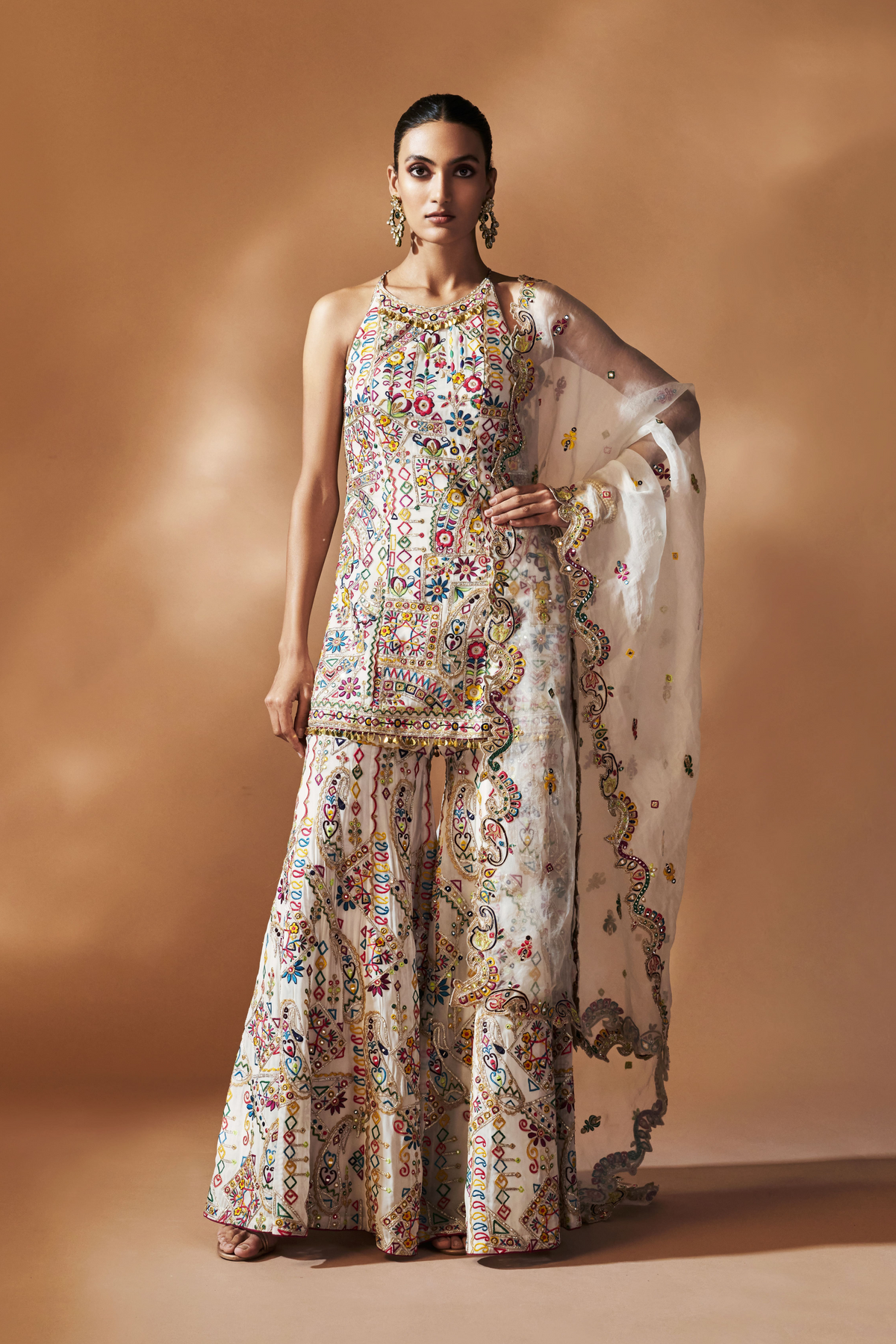 Ivory Sharara And Halter Kurta Set