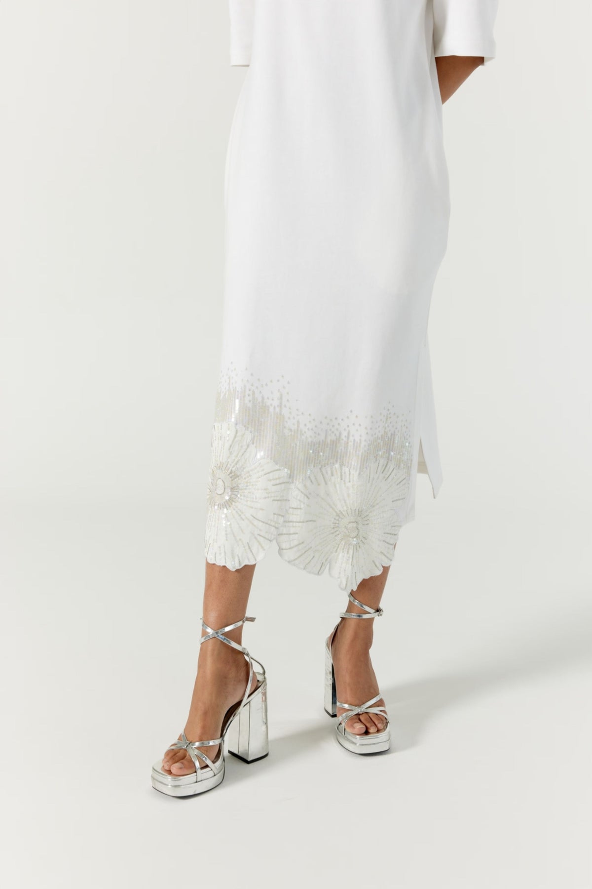 Pansy Printed Hand Embellished White Dress