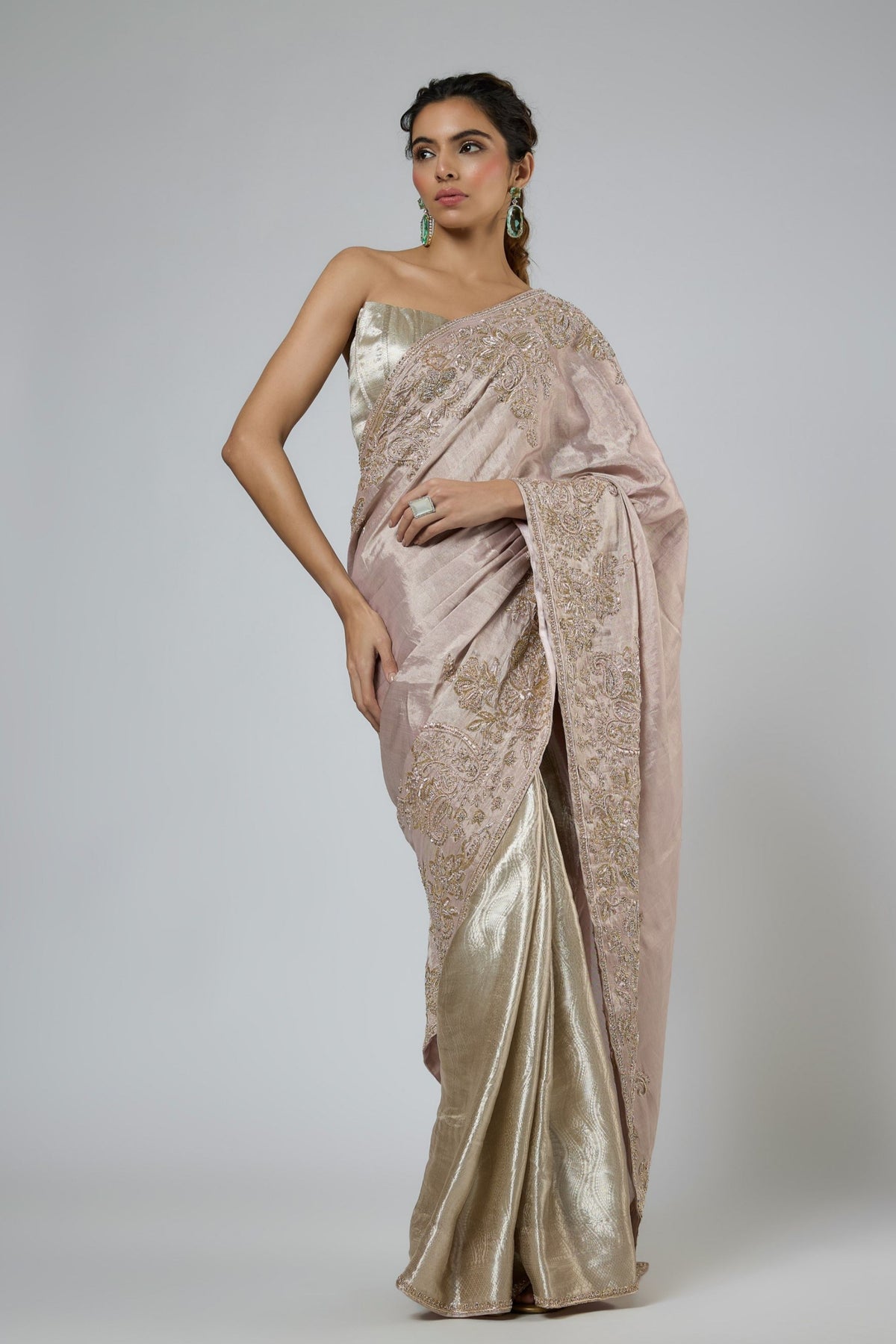 Pink Silver Draped Saree Set