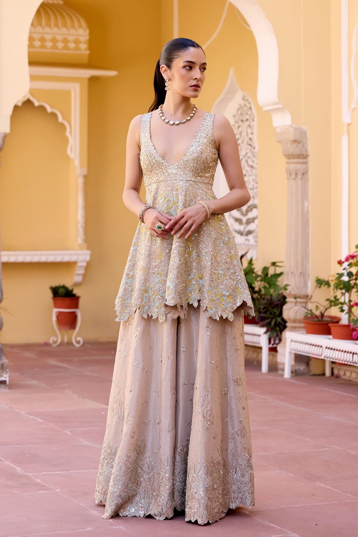 Frost Champagne Peplum Sharara Set