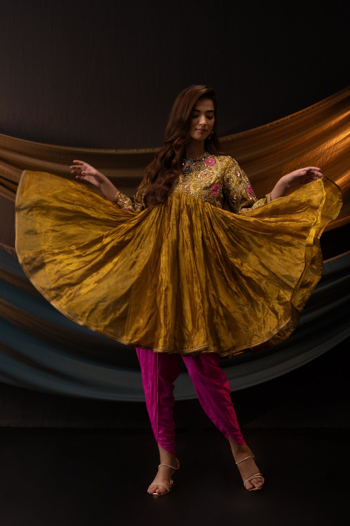 Gold Floral Motif Short Anarkali Set