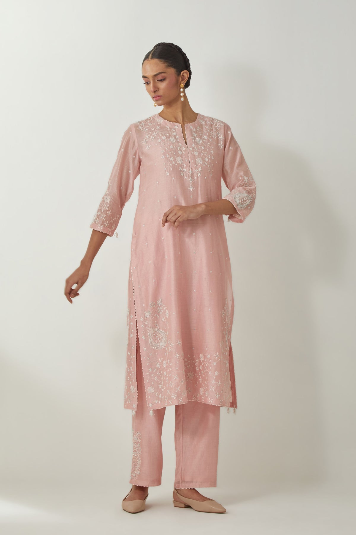 Pink Silk Chanderi Straight Kurta