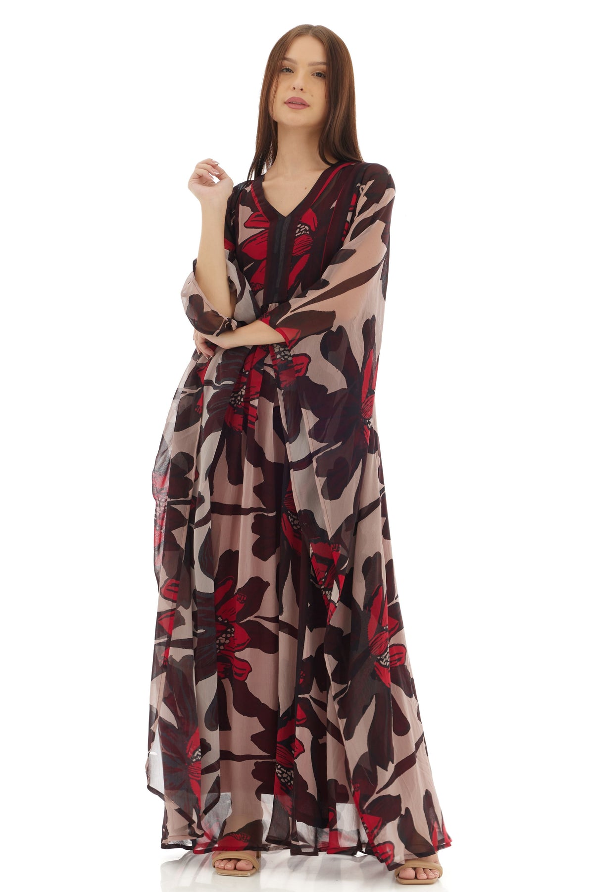 Beige and Brown Floral Kaftan