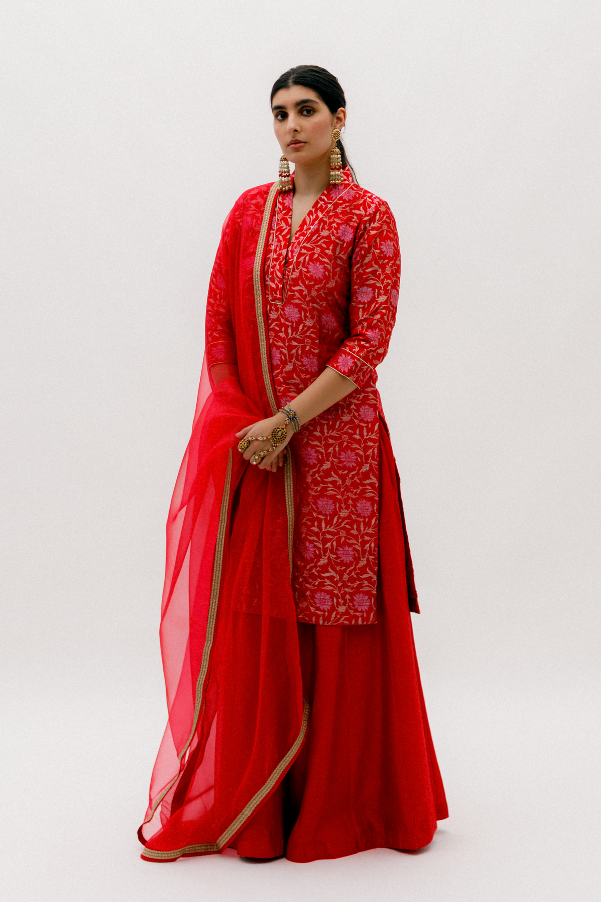 Red Benarasi Jaal Kurta Palazzo set