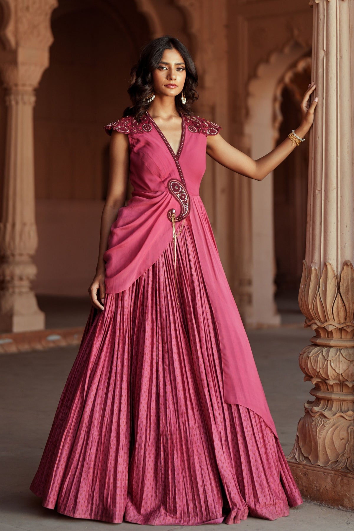 Mulberry Pink Printed Silk Lehenga Set