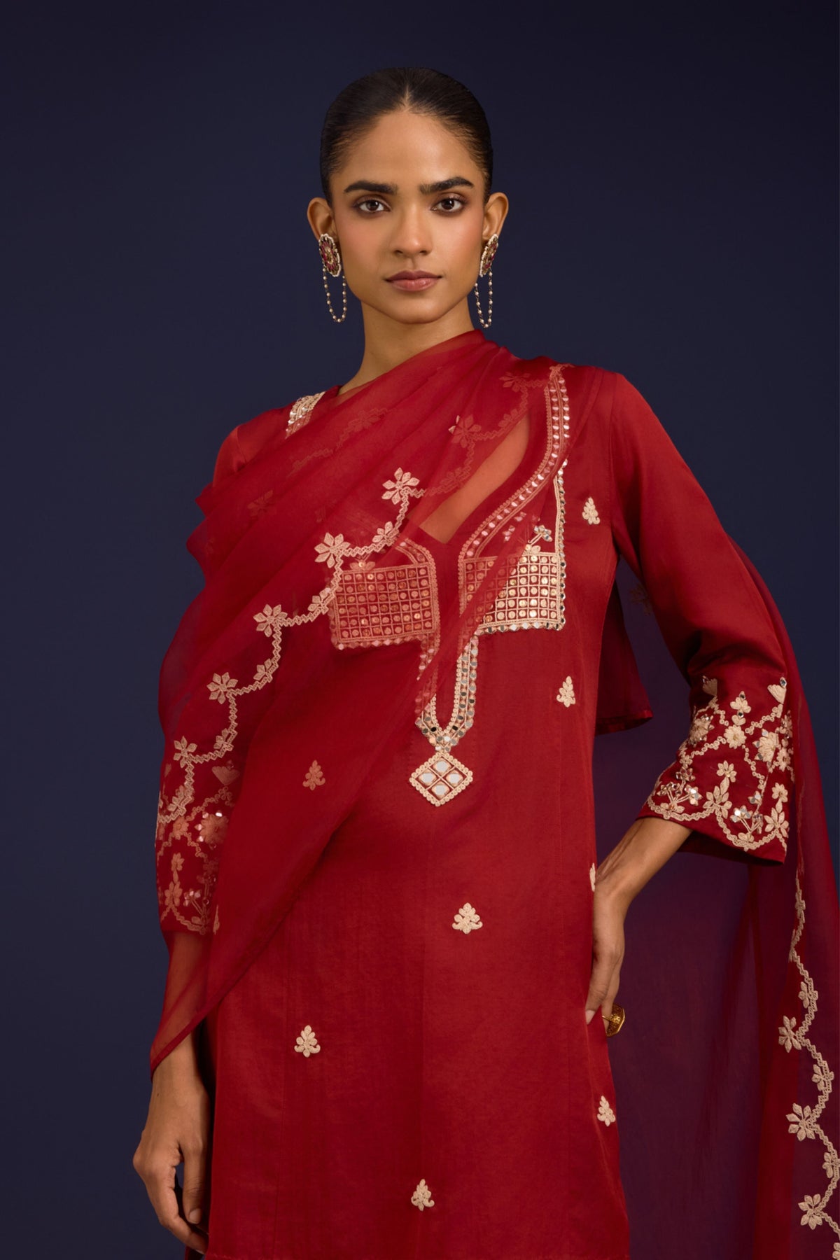 Rust Cotton Embroidered Kurta Set