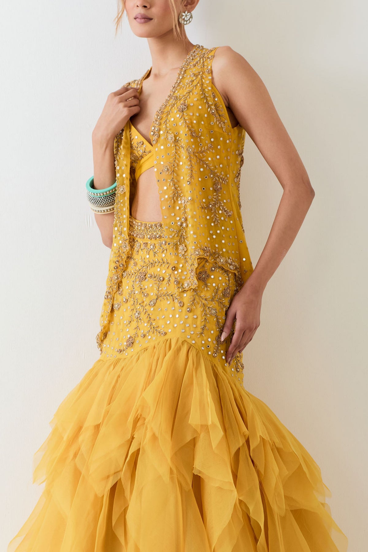 Yellow Organza Skirt Cape Set