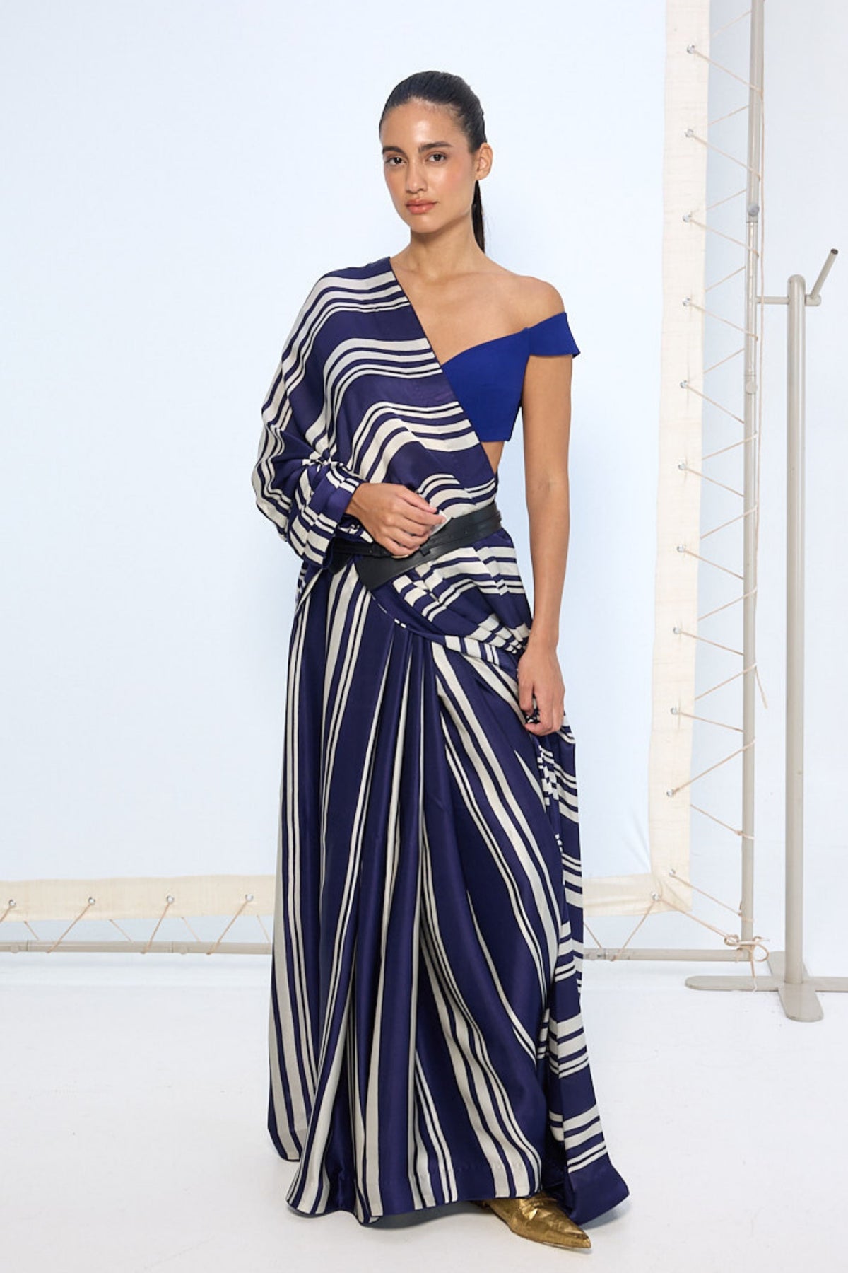 Navy Striped Printed Saree