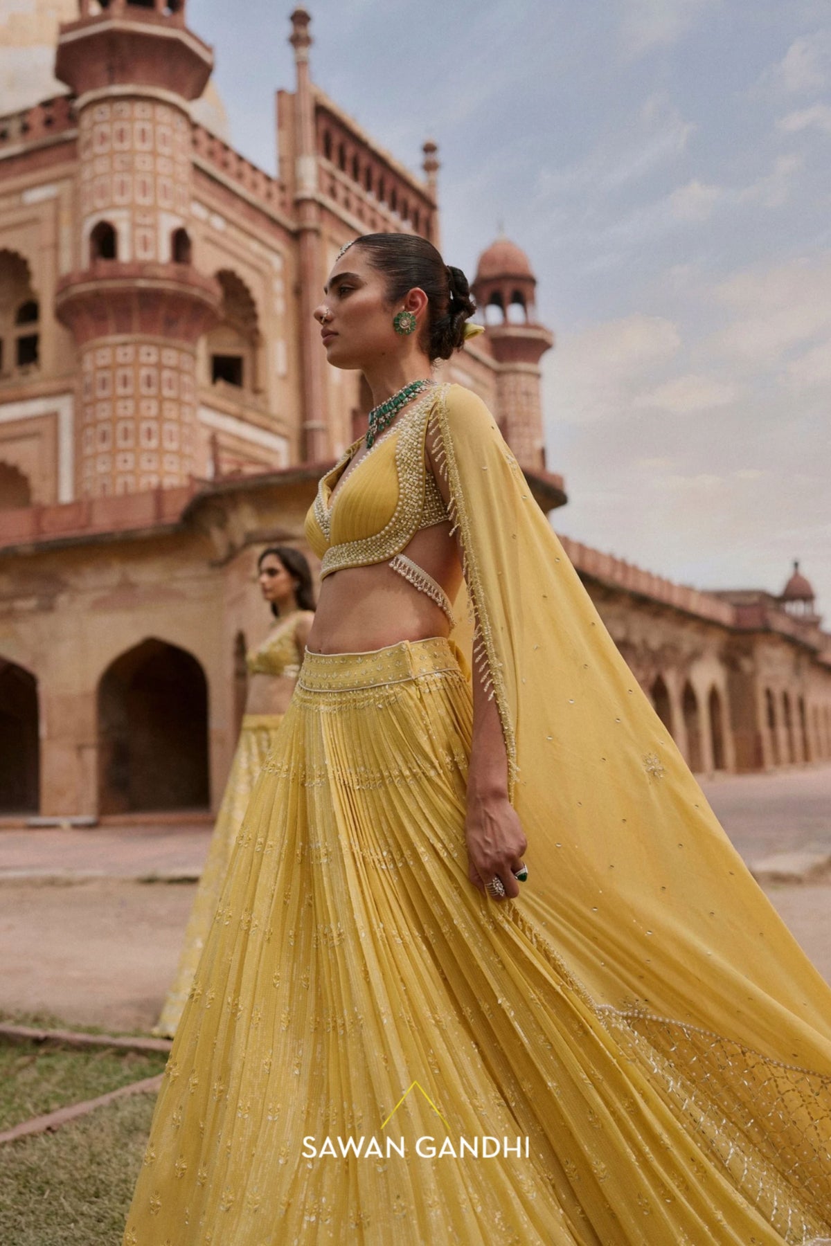 Yellow Mirror Booti Lehenga Set